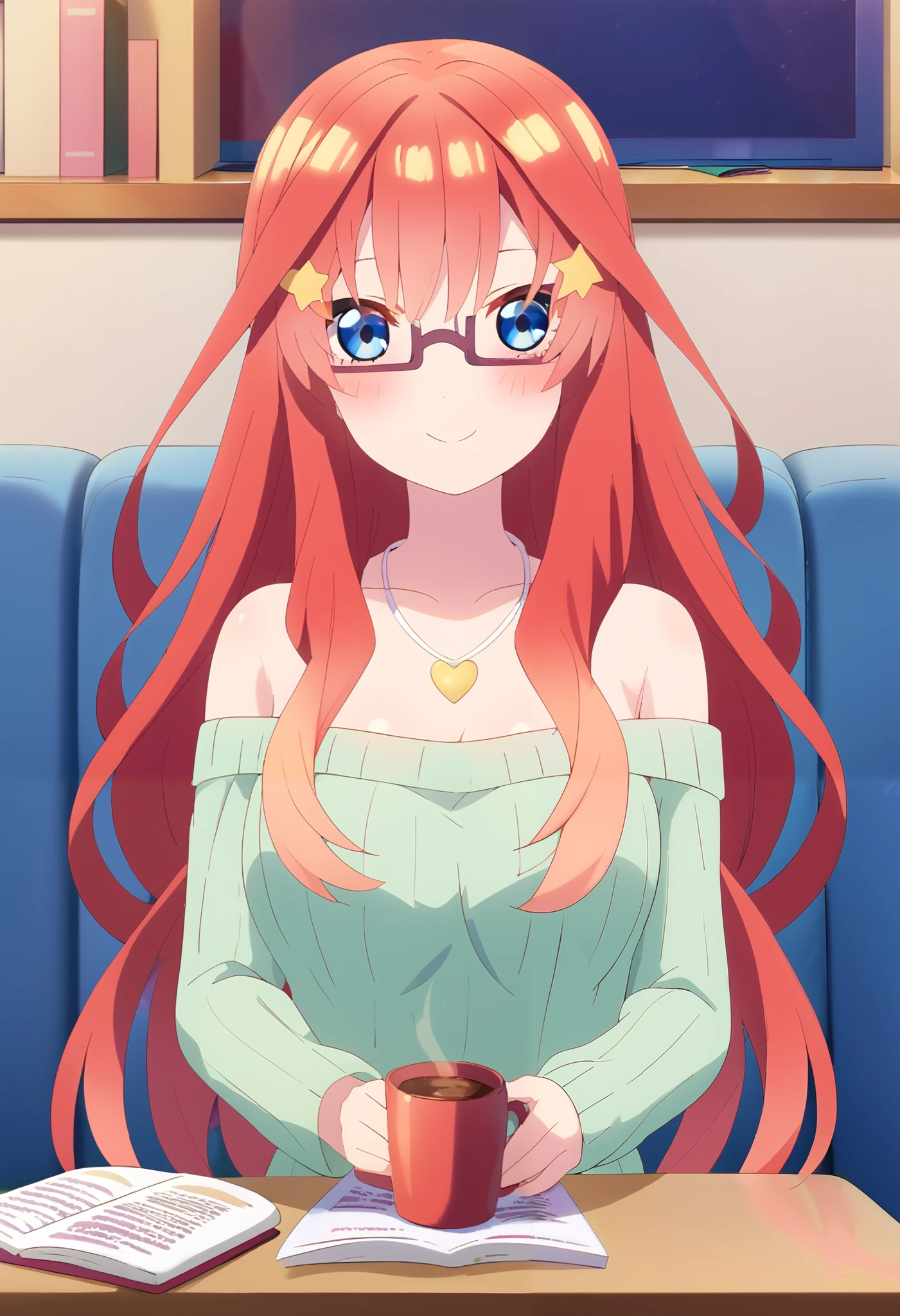 score_9, score_8_ up, score_7_ up, source_Anime, itsukinakano, Nakano Mizuki , bangs, blue eyes, hair between eyes , long hair,stupid hair, Red Hair, yellow star \(symbol\), hair ornament, yellow star hair ornament,Glasses,smile,blush, close your mouth,, off-shoulder sweater, heart shaped necklace , denim micro shorts , black pantyhose , sitting on the sofa, reading a book,There is a coffee cup on the table, it's raining outside the window ,morning, interior ,whole bodyがイラストに入るように,
break looking at viewer,whole body,
break indoors,bedroom,
break (masterpiece:1.2), best quality , high resolution, Unity 8K Wallpaper , (figure:0.8), ( precise and beautiful eyes:1.6), very detailed face, Perfect Lighting , very precise CG, (perfect hand, perfect anatomy),