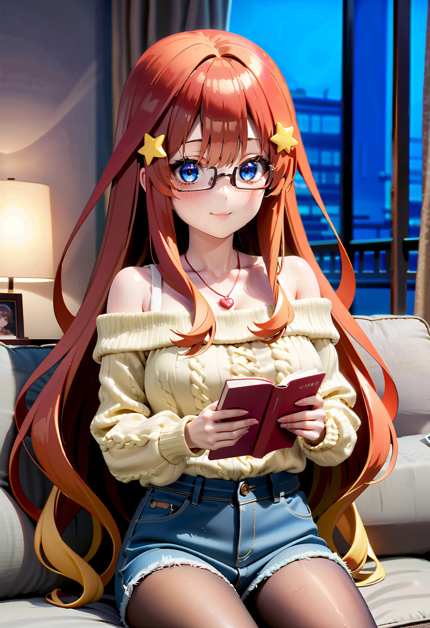score_9, score_8_ up, score_7_ up, source_Anime, itsukinakano, Nakano Mizuki , bangs, blue eyes, hair between eyes , long hair,stupid hair, Red Hair, yellow star \(symbol\), hair ornament, yellow star hair ornament,Glasses,smile,blush, close your mouth,, off-shoulder sweater, heart shaped necklace , denim micro shorts , black pantyhose , sitting on the sofa, reading a book,There is a coffee cup on the table, it's raining outside the window ,morning, interior ,whole bodyがイラストに入るように,
break looking at viewer,whole body,
break indoors,bedroom,
break (masterpiece:1.2), best quality , high resolution, Unity 8K Wallpaper , (figure:0.8), ( precise and beautiful eyes:1.6), very detailed face, Perfect Lighting , very precise CG, (perfect hand, perfect anatomy),