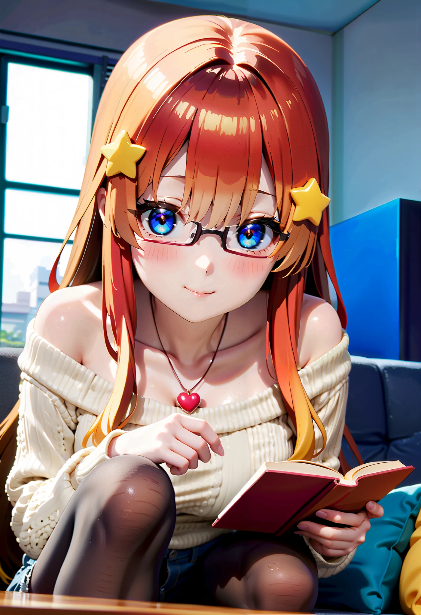 score_9, score_8_ up, score_7_ up, source_Anime, itsukinakano, Nakano Mizuki , bangs, blue eyes, hair between eyes , long hair,stupid hair, Red Hair, yellow star \(symbol\), hair ornament, yellow star hair ornament,Glasses,smile,blush, close your mouth,, off-shoulder sweater, heart shaped necklace , denim micro shorts , black pantyhose , sitting on the sofa, reading a book,There is a coffee cup on the table, it's raining outside the window ,morning, interior ,whole bodyがイラストに入るように,
break looking at viewer,whole body,
break indoors,bedroom,
break (masterpiece:1.2), best quality , high resolution, Unity 8K Wallpaper , (figure:0.8), ( precise and beautiful eyes:1.6), very detailed face, Perfect Lighting , very precise CG, (perfect hand, perfect anatomy),