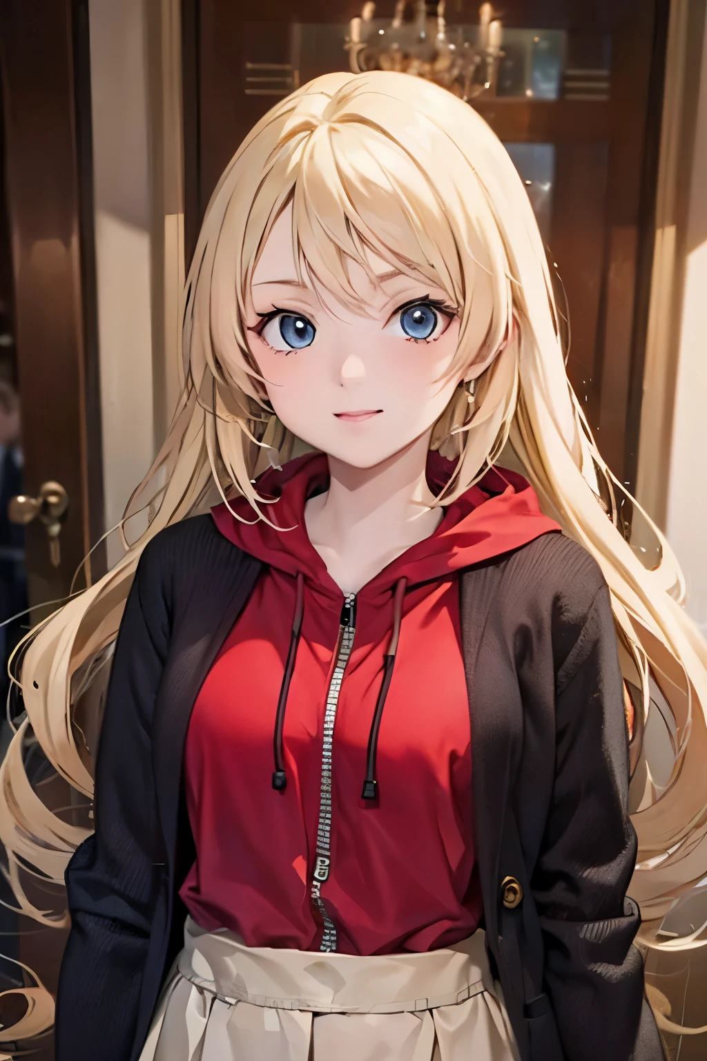 An anime-style game character of a girl who wears a red hood that covers her entire body.