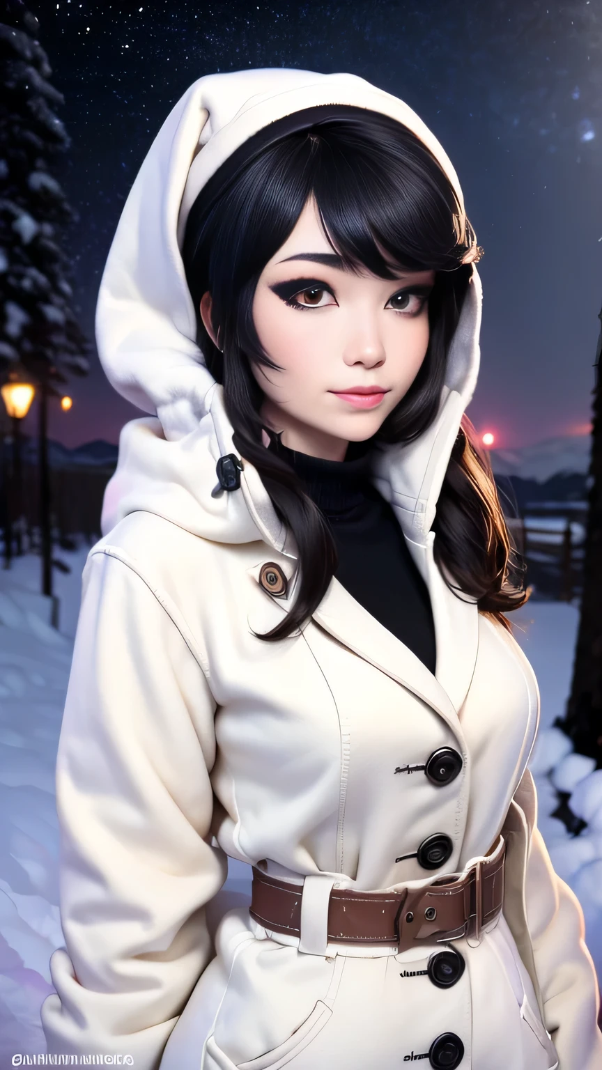 1girl in, photo of Emiru, RAW, beautiful woman, ((portrait)), ((detailed face:1.2)), ((detailed facial feature, detailed skin, clear skin), (perfect proportioned body, perky, runners body, thin hips, thin waist, skinny, petite, detailed skin texture), (She’s wearing a long white wool coat))), black thigh glitter shirt and black shorts posing in the snow. sexy look, sexy pose, in the snow, covered in snow, cold but beautiful, dressed in an old white coat. Winter starry night. Northern lights. (realistic photo, best quality, detailed), (8k wallpaper), (cinematic lighting, dramatic lighting), (sharp focus, intricate) high quality, film grain, Fujifilm XT3 sharp focus, f 5.6, 50mm, High Detail, Sharp focus,(natural light), crazy details, complex details, hyper detailed. (cowboy photo:1.2), light particles, sfw