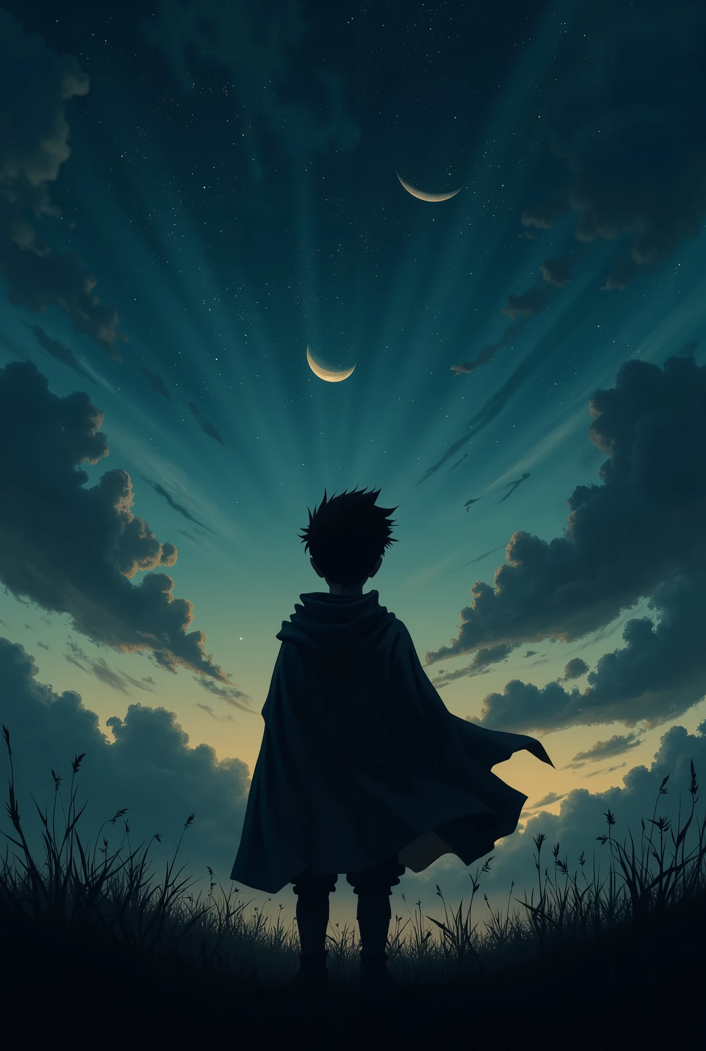  The silhouette of a boy with his back , wearing a cloak over the wind ,  is all dark except the starry sky, waning moon, bottom-up photo,  few clouds , cinematic photo 