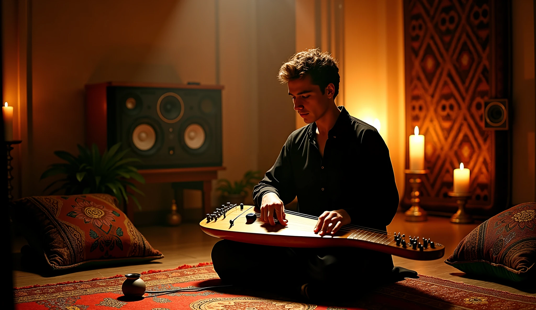 Arafed man sitting on the floor playing a musical instrument - SeaArt AI