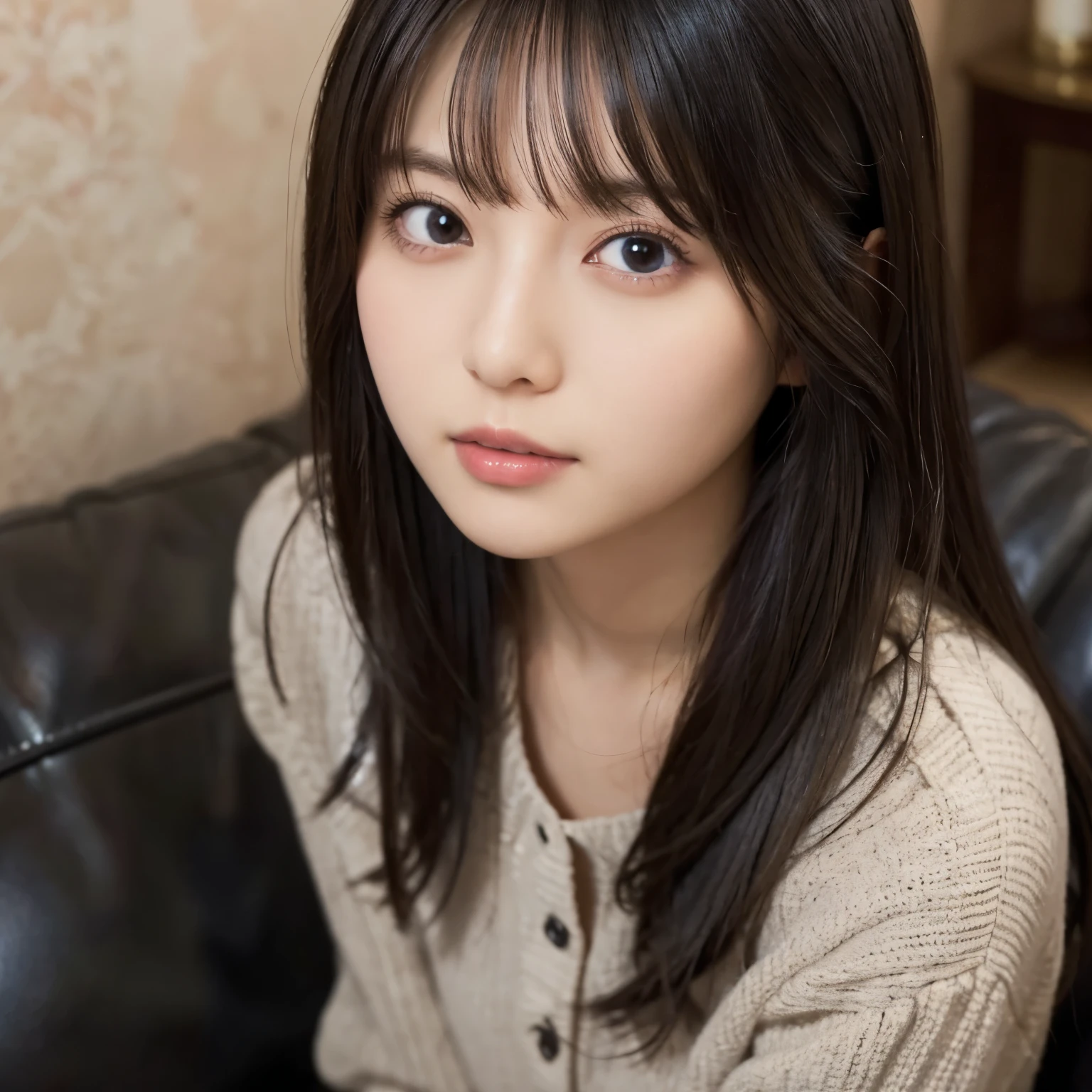 Winter Living , sit on the sofa, sleepy expression waking up, angle from above, (Photo from the waist up), girl, busty, black hair, straight hair, with bangs, 最高masterpiece, Lighting from the front, masterpiece, best quality , Ultra Details, Finely Details , high resolution, 8k wallpaper, perfect dynamic configuration, A beautiful eye in every detail , Natural Color Lips