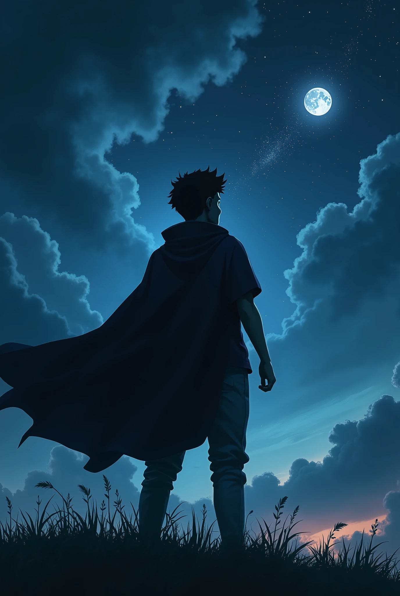 The silhouette of a -yeld boith his back, wearing a cloak over the wind , is all dark except the starry sky, waning moon, bottom-up photo, few clouds , cinematic photo
