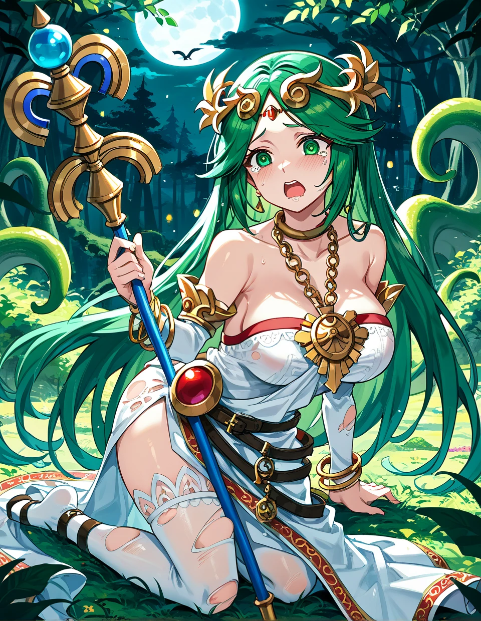 NSFW,((Perfect human body)),One male,, flat chest, feminine male, whole body,Character portrait,Skirt rolled up,star print panties,bulge in the crotch,Character portrait,bare shoulders, strapless dress, vambraces, belt, white dress, white thighhighs, single thighhigh, holding staff, palutena, parted bangs, tiara,