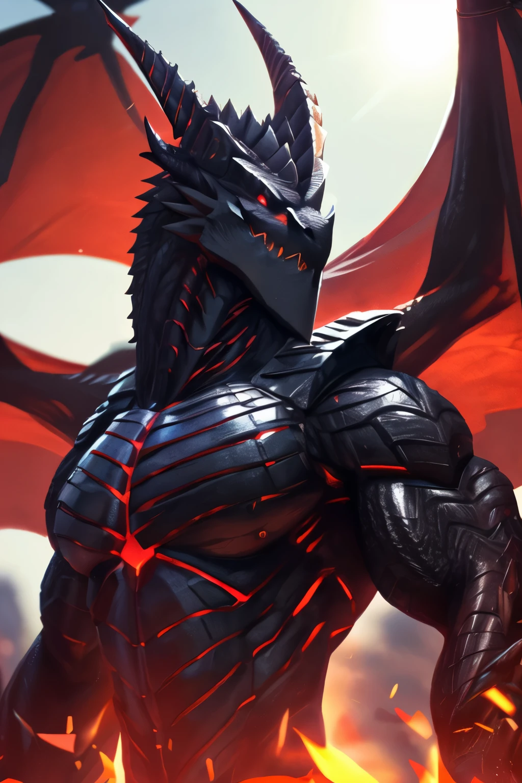 score_9, score_8_up, score_7_up, score_6_up, source_furry, solo, dof, half-length portrait, blurred background, dragon, deathwing, black body, anthro, muscular, glowing red, wings