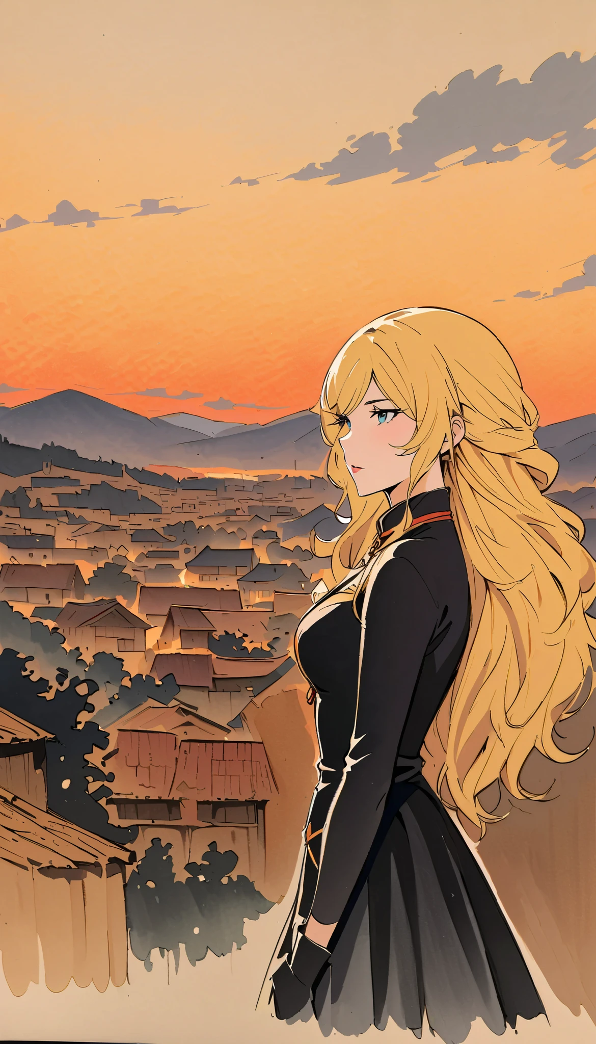 vintage movie, girl, wavy blonde hair, woman body, black top, black bodycon skirt, black boots, village View, Sunset, Silhouette of clouds, traditional media, Contemplative. yang xiao long from rwby