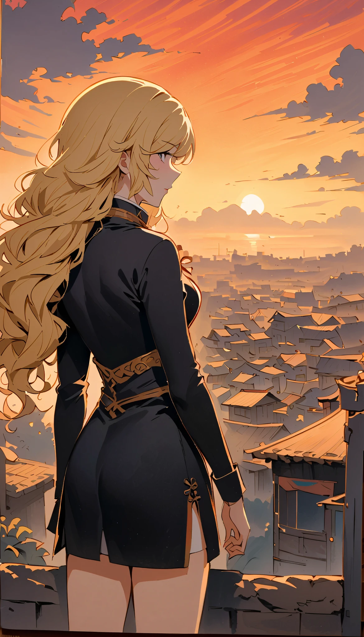 vintage movie, girl, wavy blonde hair, woman body, black top, black bodycon skirt, black boots, village View,  Sunset, Silhouette of clouds, traditional media, Contemplative.  yang xiao long from rwby