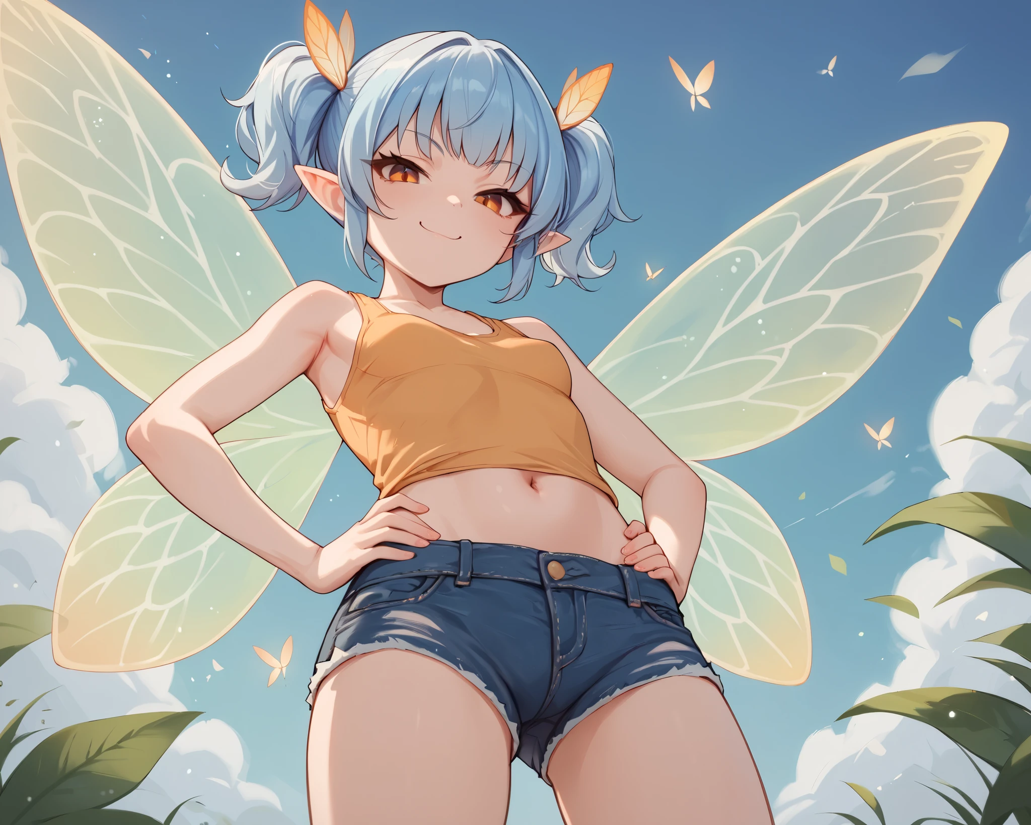 score_9_up, score_8_up, score_7_up, 1girl, solo, source_anime, fairy, FairyForm, Fairy Wings, Wings BREAK 

Short twintails, fairy wings, bangs, small breasts, light blue hair, orange eyes BREAK 

White tank top, navel, denim shorts BREAK 

Closed mouth, smug face, smile, from below, looking at viewer, hands on hips, outdoors,, background sky, cloudy sky, blue sky BREAK 