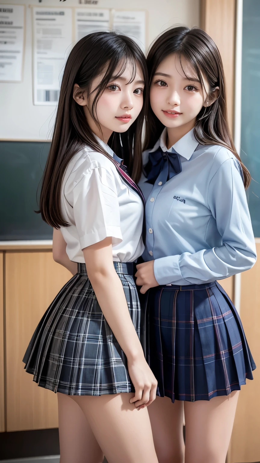 ung girls, (Best Quality:1.4), (Ultra-detailed), (extremely detailed CG unified 8k wallpaper), Highly detailed, High-definition raw color photos, Professional Photography, Realistic portrait, Cinematic Light, Ponytail, Bangs, (hi-school uniform, pleated mini skirt:1.3), School, classroom, view from below,