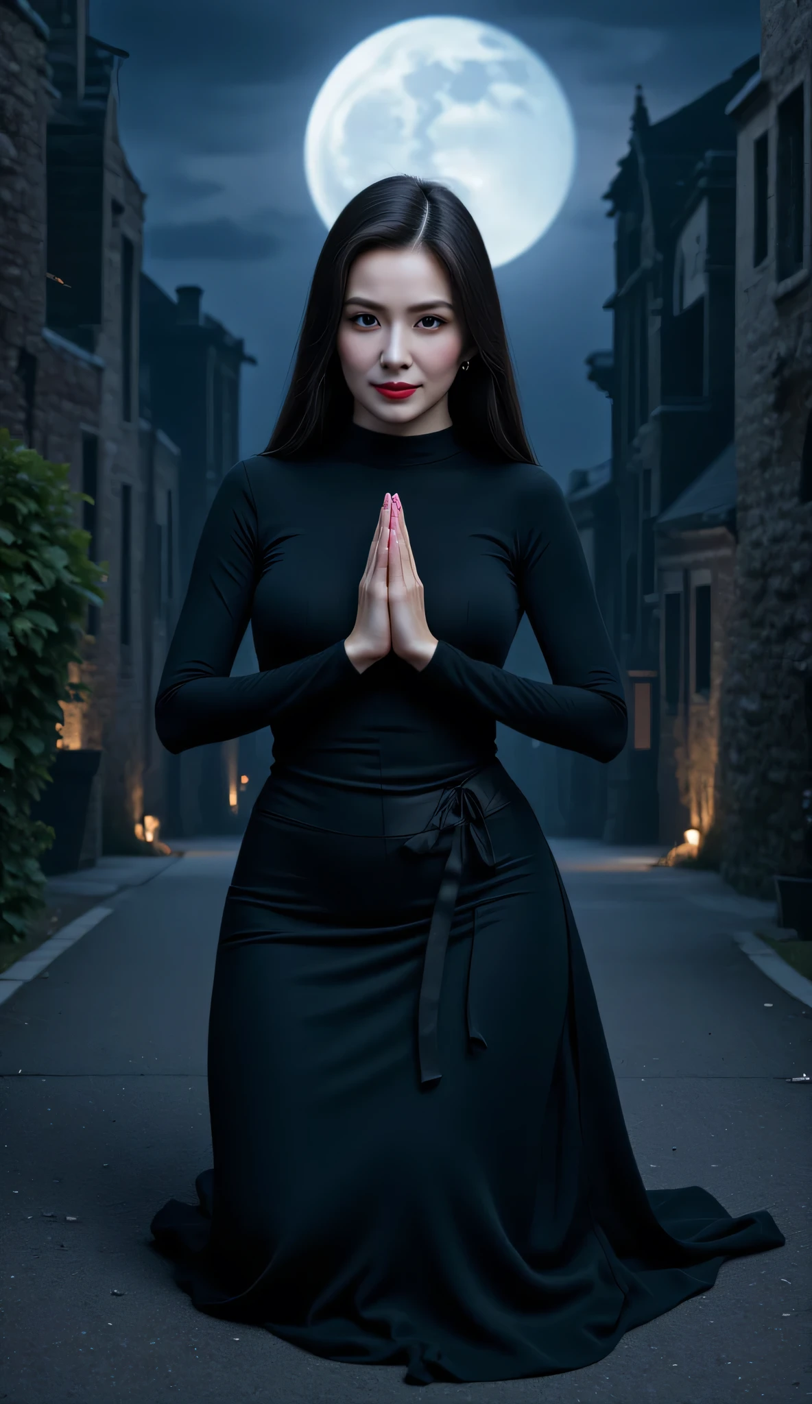  a queen ,  kneeling on the ground,  with both hands clasping each other in front of the neck in a praying position, Facing front,  castle background at night ,  very bright moon ,  using a long sleeve turtle neck T-shirt in black satin,   using a long maxi skirt to the toe of a black color,  long black bow ,  using a small crown of black color , bright red lips,  big and round breasts , evil smiling face 