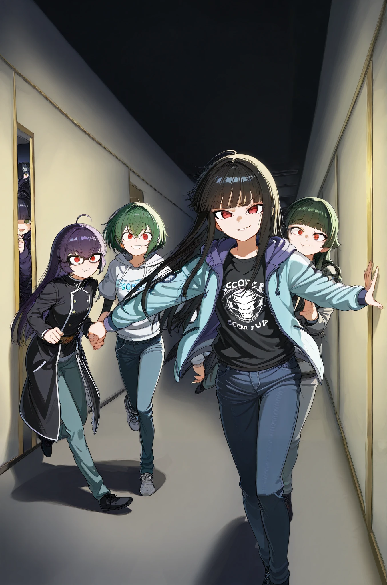 At night,Black Sky,Corridor at night ,throw: 5 red-eyed girls rush towards you and want to grab you。
3个长头发的红色眼睛的女人正在 Run fast,Pushing at you。Running to you ,Gallop, Run fast。
Smirk, long hair,Straight Hair, bangs, The girls were wearing different clothes,for example:t-shirt, hoodie, jeans,Pants,coat。One of the girls was wearing glasses 。 3 girls