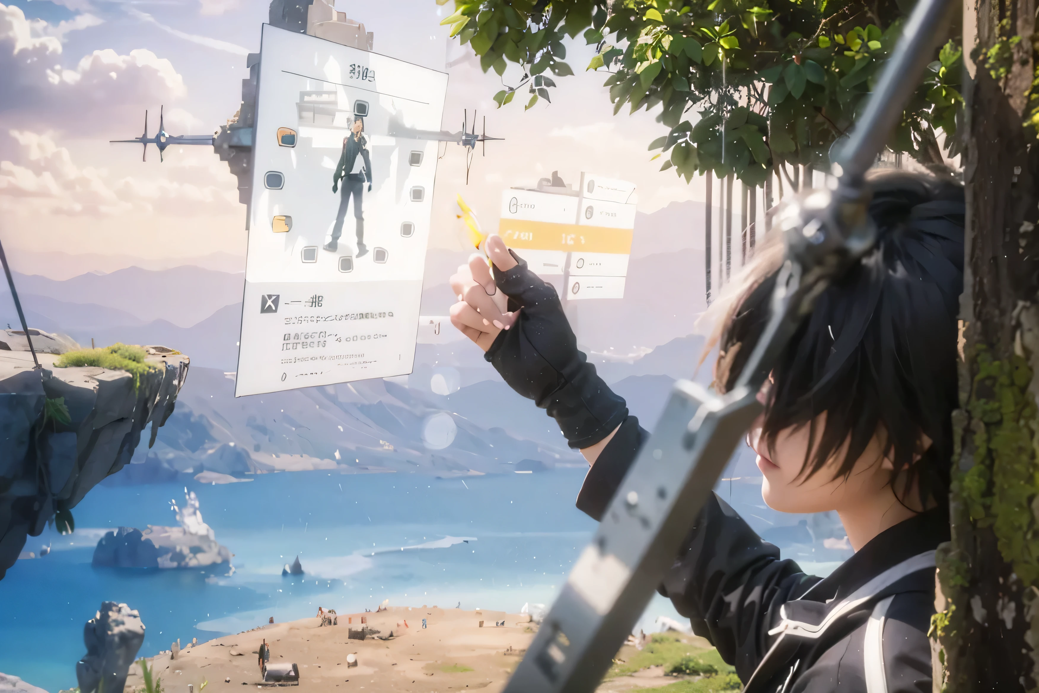 ((KIRIGAYA KAZUTO_SWORD ART ONLINE),((realistic, photorealistic)),(highlight hair)), Light reflection, (( HD )),((upper body)), (((best quality, masterpiece))), (masterpiece) (best quality) (detail) (8k) (HDR) (wallpaper) (cinematic lighting) (sharp focuasterpiece, best quality: 1.1), Real life adaption of this character, Shining Purple eyes, realistic outfit, realistic shadow, realistic light, realism, hyper realistic, realistic background,(photorealistic:1.2), (Masterpiece:1.4), (best quality:1.2), kirigayakazuto, kirigaya kazuto, black hair, (black eyes:1.5), male focus,
BREAK shirt, black shirt, coat, black coat, pants, black pants,
BREAK outdoors, nature, forest, sun, sky,
BREAK , (cowboy shot:1.5),
BREAK (masterpiece:1.2), best quality, high resolution, unity 8k wallpaper, (illustration:0.8), (beautiful detailed eyes:1.6), extremely detailed face, perfect lighting, extremely detailed CG, (perfect hands, perfect anatomy),score_9, score_8_up, score_7_up, source_anime, semi-realistic,, upper body, , 1boy, solo, male focus, kazuto_kirigaya, black hair, black eyes, hair between eyes, short hair, , sword art online: alicization, , , Arms extended wide, expressing openness, leaning against the god tree,Floating land,