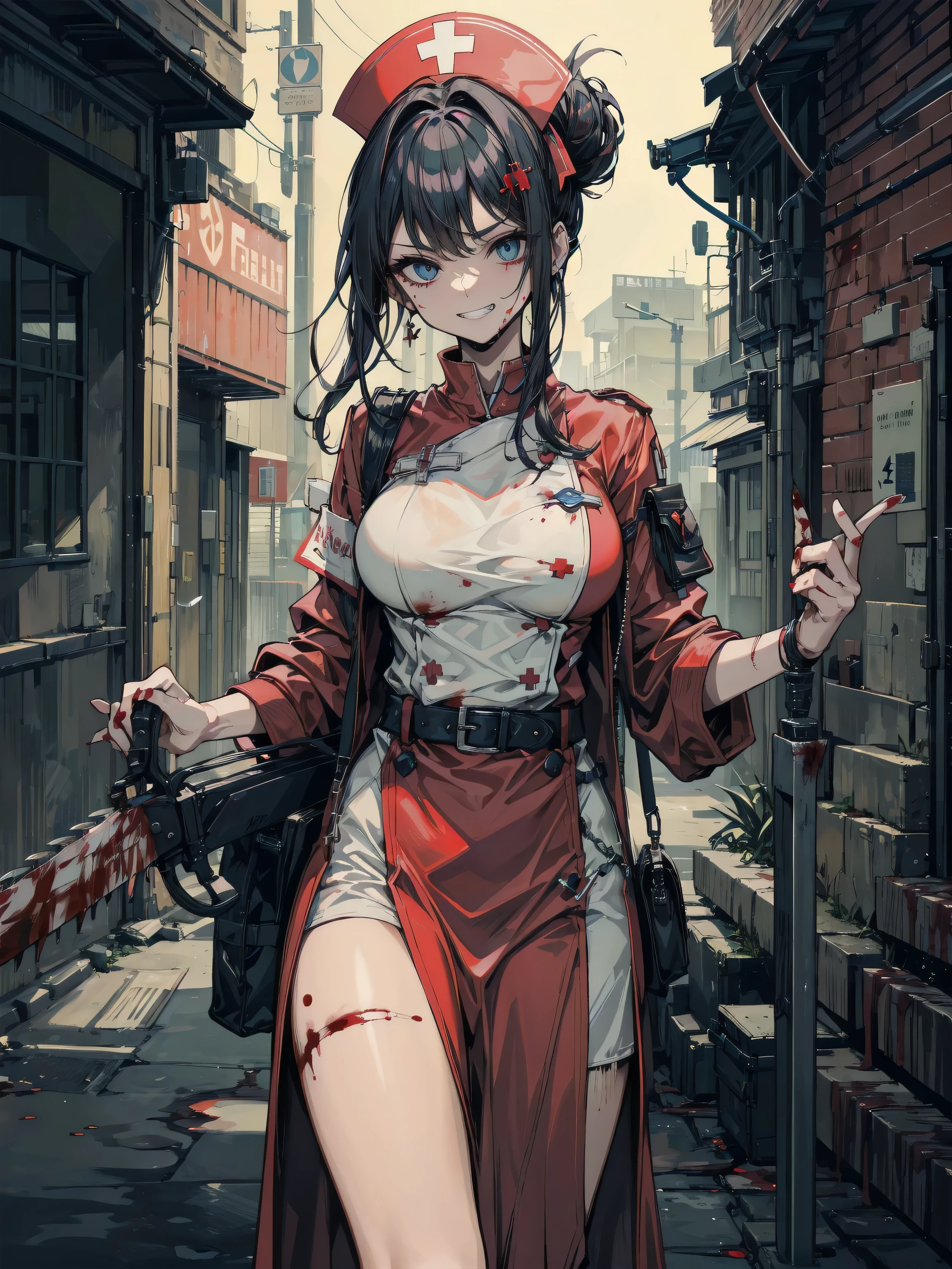(((in 8K. HDR.Hyper-Realism、Masterpiece 1.4、gothic styles、Fantasy Art、retro-futuristic、Cinematic、Insanely detailed、Live Photo 1.4, Best quality1.4、 Ultra Detailed 1.4、masterpiece:1.4、Insanely detailed、Perfect Shading、low angle1.4、Angle from below、Low Angle Full Body Shot 1.4、One photo、Commercial Photography 1.4、Solo Photography、Sony alpha、50mm Lens、Full body shooting 1.4)))、(Bloody nurse clothes in the basement、Bloodsucking scalpel、Bloody floor)(((Nurse、Grinning、Surgical gloves、Nurse with scalpel)))、(((nurse's outfit、Nurse Cap、whitestocking、high-heels、full body picture 1.4、)))(((Japan Female, 18year old、Small face 1.4、Long Bob、Blunt bangs、Tie your hair back、A dark-haired、Five Fingers、full body picture 1.4)))、(small tits、Muscular arms and legs、Plump waist circumference、Detailed skin with blood vessels showing through、Beautiful skin shining with sweat、Detailed skin with visible pores、Realistic, Detailed skin of downy hair、Real and Detailed Skin、extremely detailed and beautiful face、Beautiful well-proportioned face、Very pretty face、Darkened armpits、Detailed skin)