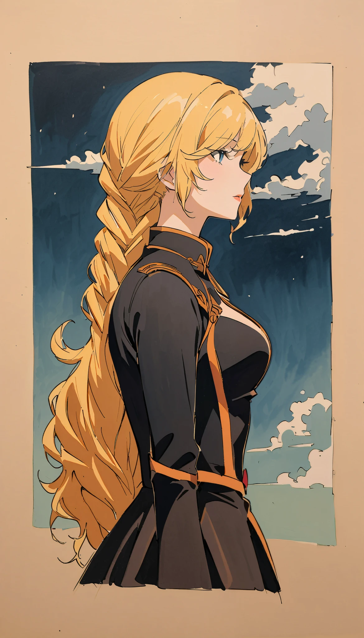 vintage movie, girl, wavy blonde hair, woman body, black top, black bodycon skirt, black boots, dark room, Silhouette of clouds, traditional media, Contemplative. yang xiao long from rwby