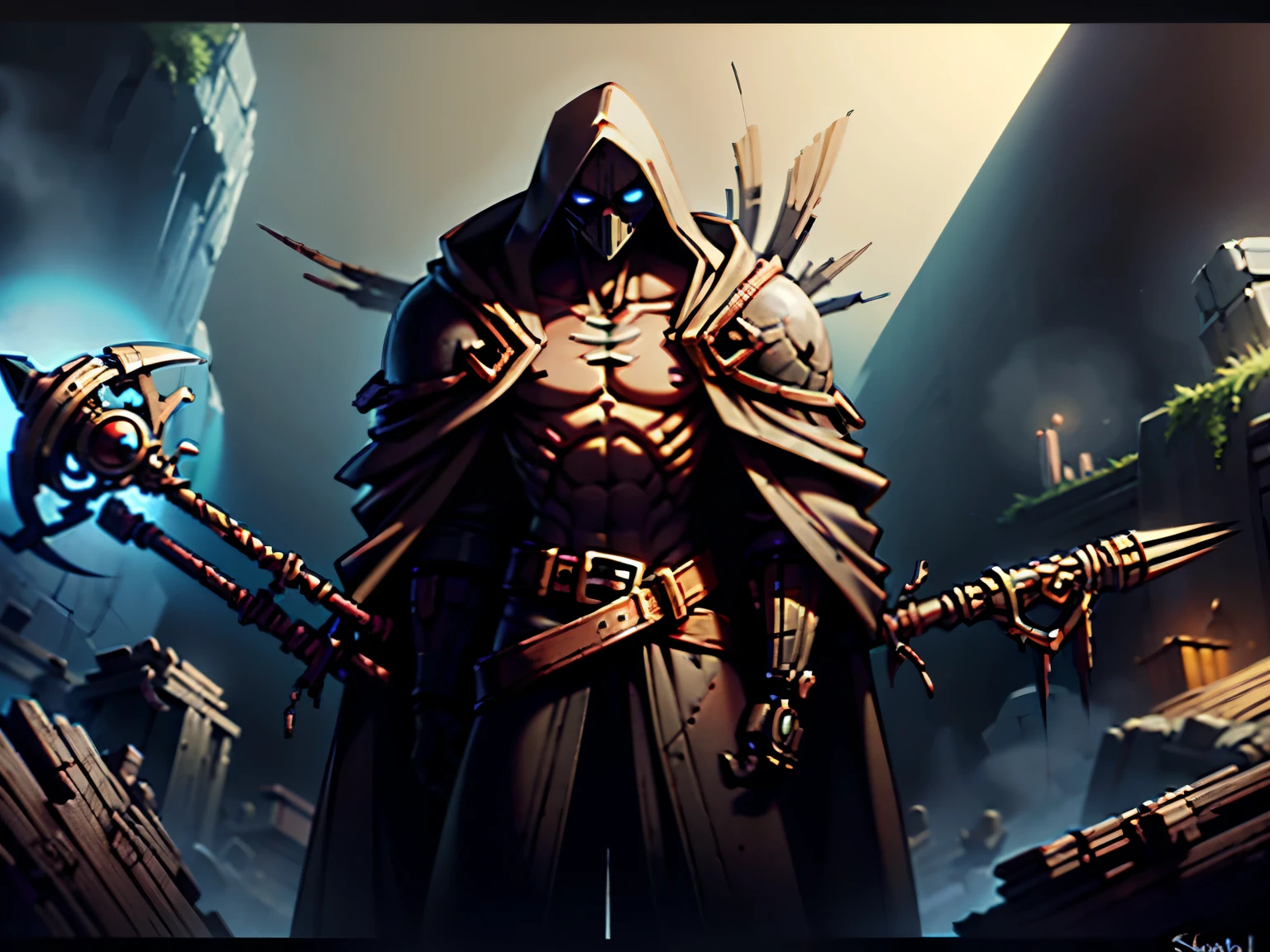 League of Legends Twitch in its signature environment of the toxic mist of the Zaun sewers. Twitch should be a figure stands in the shadows, cloaked in a tattered, dark robe adorned with bones and rusted metal armor pieces. His glowing red eyes peer out from beneath a hood, reflecting cold intelligence and power. His robe is marked with arcane runes, and small glass vials containing parasitic insects dangle from his belt. In one hand, he holds a staff made from bones and corroded metal, with a mechanical claw at the top, glowing faintly with green magical energy. His thin fur is dark and patchy, revealing sickly pale skin underneath. Around his neck and chest, small animal skulls, including those of cats and dogs, are tied as trophies. His presence is eerie and unsettling, with an air of calm and calculated danger. In the background, several zombified Skaven, controlled by parasitic ticks, lurk in the dim light, their eyes blank and their movements sluggish. The environment is a dark, underground Skaven lair, with stone walls covered in slime and moss."