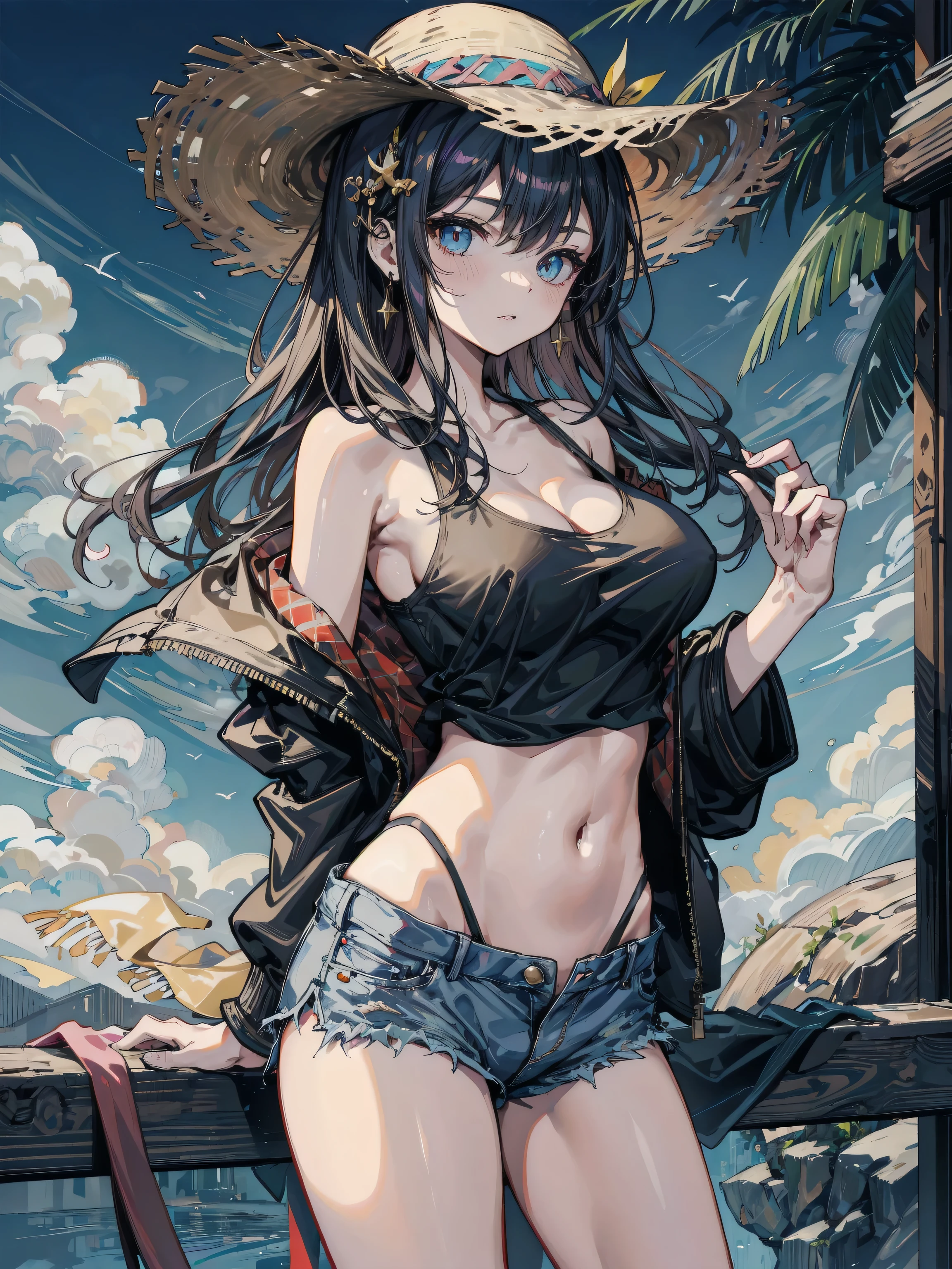 girl,(masterpiece,Highest quality),Street、bangs、naked,naked肩、黒いhat、Brown eyes、Brown Hair、smile、passionate、hat、Swimwear,long hair、(Underboob),camisole、looking at the camera、shoes、Shorts,solo、Are standing、Belly button piercing?