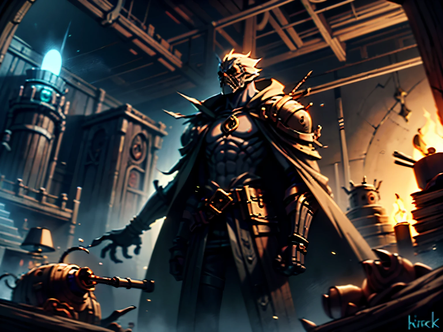 League of Legends Twitch in its signature environment of the toxic mist of the Zaun sewers. Twitch should be a figure stands in the shadows, cloaked in a tattered, dark robe adorned with bones and rusted metal armor pieces. His glowing red eyes peer out from beneath a hood, reflecting cold intelligence and power. His robe is marked with arcane runes, and small glass vials containing parasitic insects dangle from his belt. In one hand, he holds a staff made from bones and corroded metal, with a mechanical claw at the top, glowing faintly with green magical energy. His thin fur is dark and patchy, revealing sickly pale skin underneath. Around his neck and chest, small animal skulls, including those of cats and dogs, are tied as trophies. His presence is eerie and unsettling, with an air of calm and calculated danger. In the background, several zombified Skaven, controlled by parasitic ticks, lurk in the dim light, their eyes blank and their movements sluggish. The environment is a dark, underground Skaven lair, with stone walls covered in slime and moss."