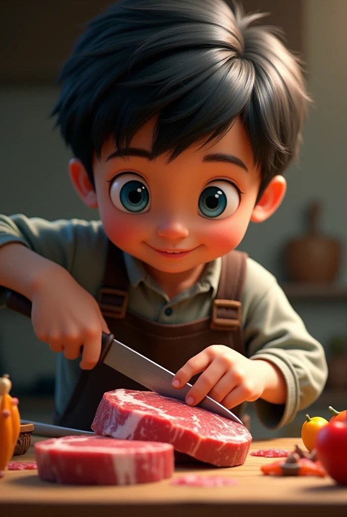 cutting board,knife,food,kitchen knife,male focus,solo,holding knife,meat,holding,1boy,bandaid on hand,onion,(Food close-ups:1.1),