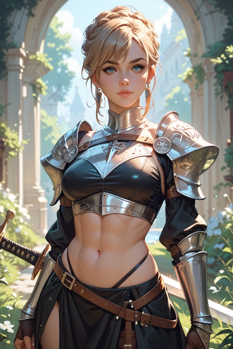 (BelleWaifu:1), (knight's armor:0.3), the garden in the background, surprised, cute, cute pose, (flirting), looking at the viewer, (square hairstyle), (purple hair), (metal knight crop top on naked body in prehistoric style:1.3), :D, (realistic: 1), (cartoon), (masterpiece: 1.2), (best quality), (over-detailed), (8k, 4k, intricate), (full-length shot: 1), (cowboy shot: 1.2), (85mm), light particles, lighting, (very detailed: 1.2), (detailed face: 1), (gradients), sfw, colorful, (detailed eyes: 1.2), (detailed landscape, trees, garden, castle:1.2),(detailed background), detailed landscape, (dynamic angle:1.2), (dynamic pose:1.2), (rule third_composition:1.3), (line of action:1.2), wide view, daylight, solo