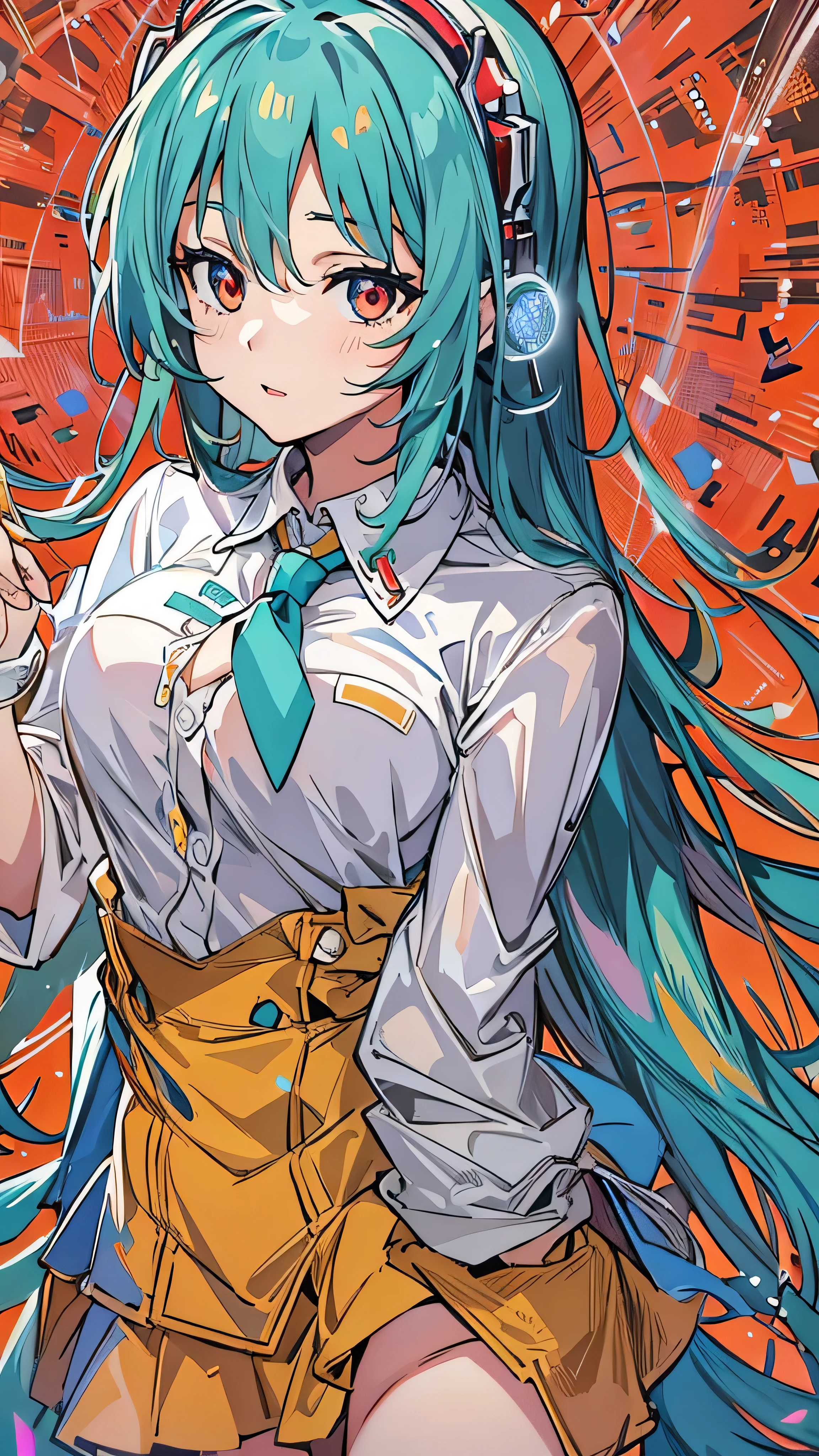 Masterpiece, Hatsune Miku , white shirt, blue tie, face details, Broken Sleeves , stage, Illuminated by the light, I was immersed in the , dark eyes, Orange pupil, smiley face singing on the Red Light