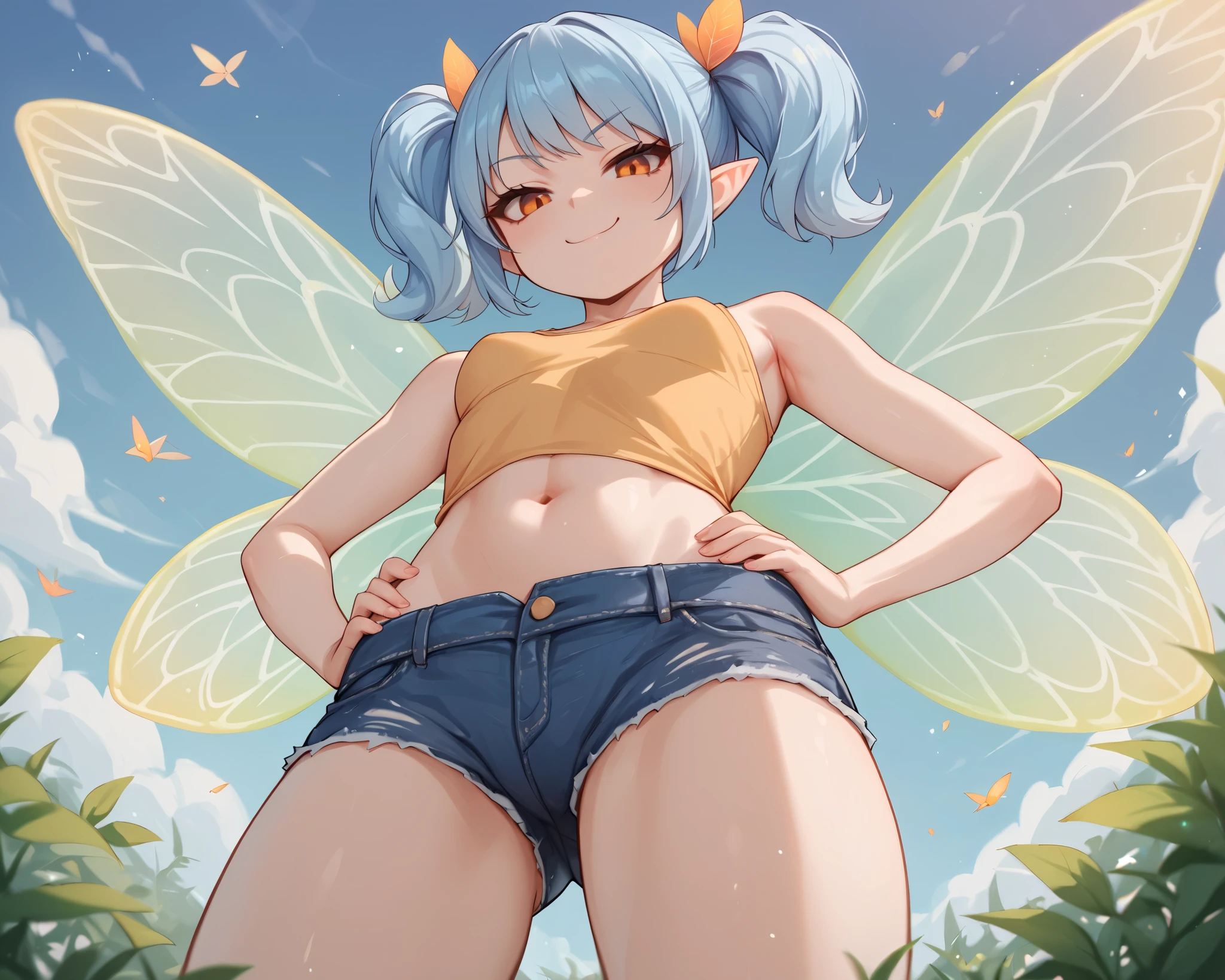 score_9_up, score_8_up, score_7_up, 1girl, solo, source_anime, fairy, FairyForm, Fairy Wings, Wings BREAK
Short twintails, fairy wings, bangs, small breasts, light blue hair, orange eyes BREAK
White tank top, navel, denim shorts BREAK
Closed mouth, smug face, smile, from below, looking at viewer, hands on hips, outdoors,, background sky, cloudy sky, blue sky BREAK