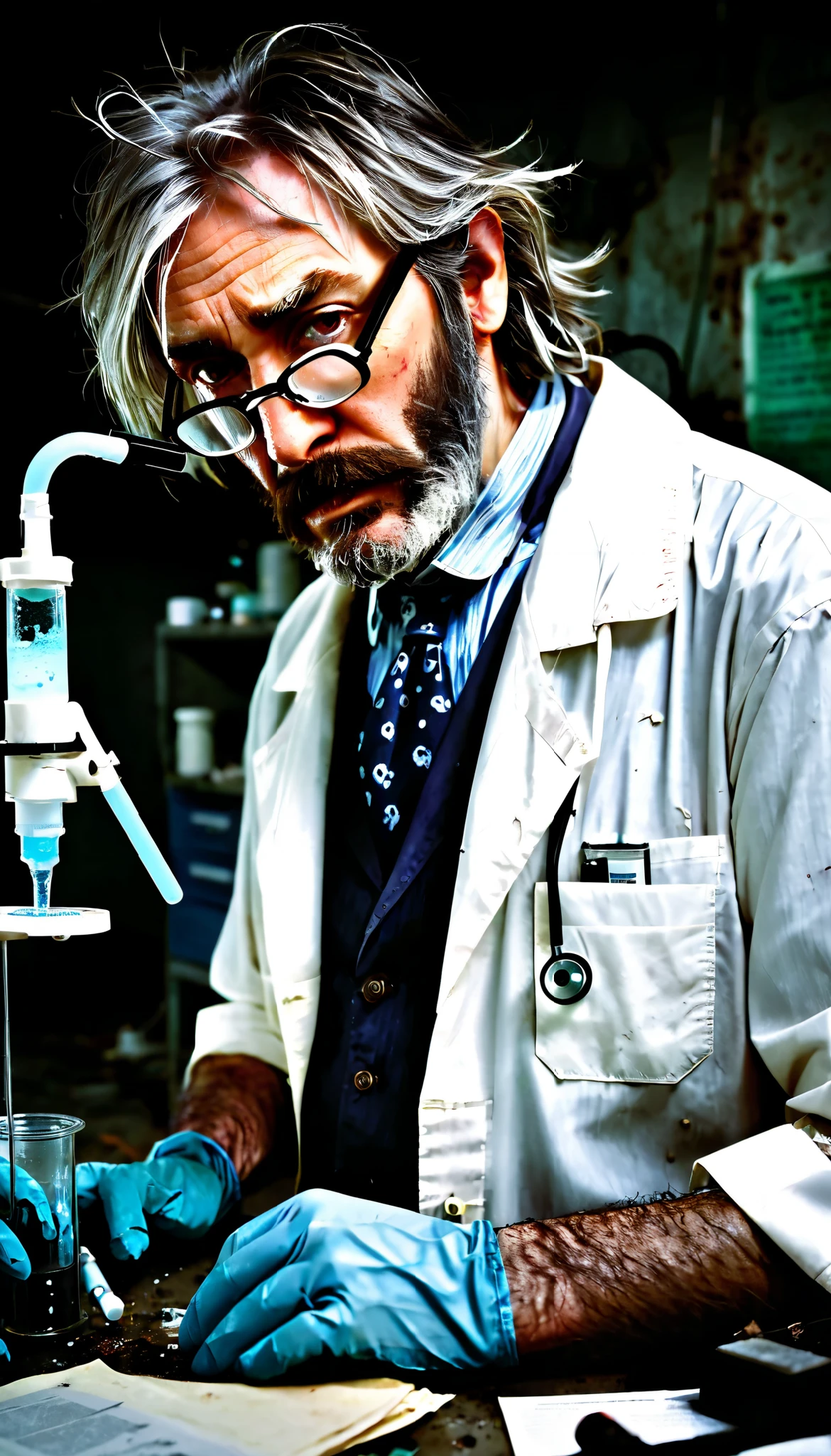 A disheveled, exhausted man in his early 60s, with unkempt gray hair and a scruffy beard. His sunken eyes, behind cracked and smudged glasses, reflect both intelligence and desperation. Wrinkles line his face, and his pale skin is marked with dirt, sweat, and dried blood. He wears a tattered white lab coat, stained with grime and dark streaks, over a wrinkled dress shirt and an old tie hanging loosely around his neck. His hands, covered in latex gloves torn at the fingertips, clutch a small vial filled with a mysterious glowing liquid. His cluttered workspace is a makeshift lab inside an abandoned bunker, with flickering fluorescent lights casting eerie shadows. Scattered papers, rusted medical tools, and half-empty syringes surround him, while a broken microscope sits nearby. The atmosphere is dark and tense, with hints of steam rising from chemical experiments gone wrong. The scene is hyper-realistic, ultra-detailed, and cinematic, capturing the textures of his worn clothing, the scratches on his glasses, and the chaotic lab with professional photographic quality.