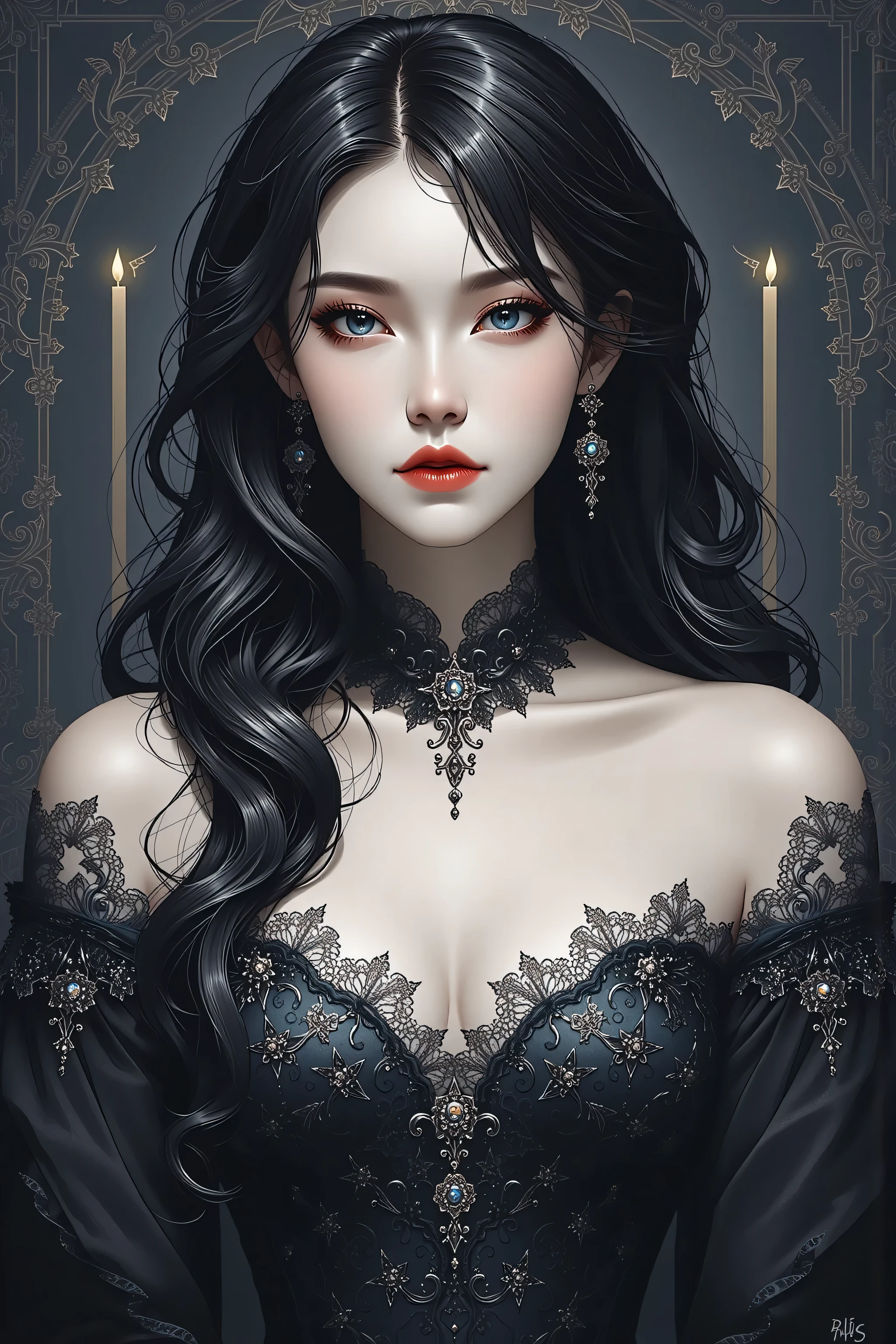gothic asian woman, big breasts, cleavage, 
