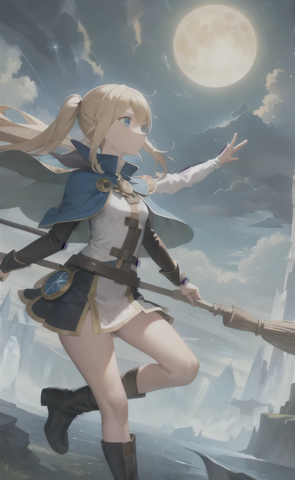 masterpiece, Highest quality, ultra-detaileded, figure, One girl, alone, Fantasy, flight, broom, Night Sky, Outdoor, magic, incantation, moon, performer, cloud, Wind, hair, Cape, Have, boots, broomstick, Shine, mysterious, Fascinating, Whimsical, Playful, Adventurous, , wonder, imagine, Decide, skill, speed, Movement, energy, realism, Naturalistic, Figurative, Expressive, beauty, Fantasy culture, myth, fairy tale, Folklore, Legend, witch, Wizard, magical creatures, Fantasy worlds, composition, scale, prospect, Middle Way, background, perspective, Light, color, texture, detailed, beauty, wonder.