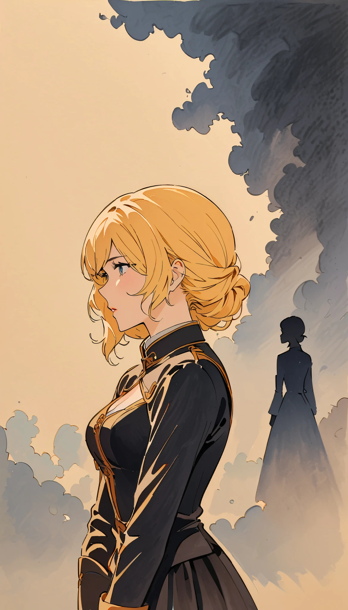 vintage movie, girl, wavy blonde hair, woman body, black top, black bodycon skirt, black boots, dark room, Silhouette of clouds, traditional media, Contemplative.  yang xiao long from rwby