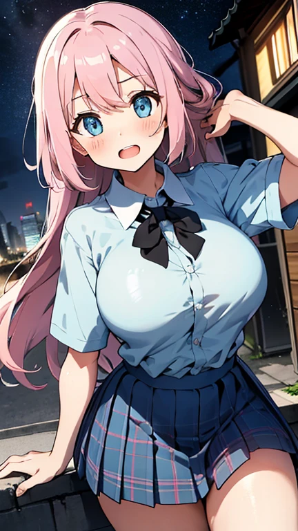 (masterpiece、top-quality、ultra-detailliert)、((1 girl))、((Pink hair twin tails))、light blue eyes、evilsmile、piercings、((very Bigger breasts))、White shirt、shortsleeves、cleavage、(wet clothes)、Black pleated skirt、sit on a bench、(natta)、Sateen、Background of the bus stop