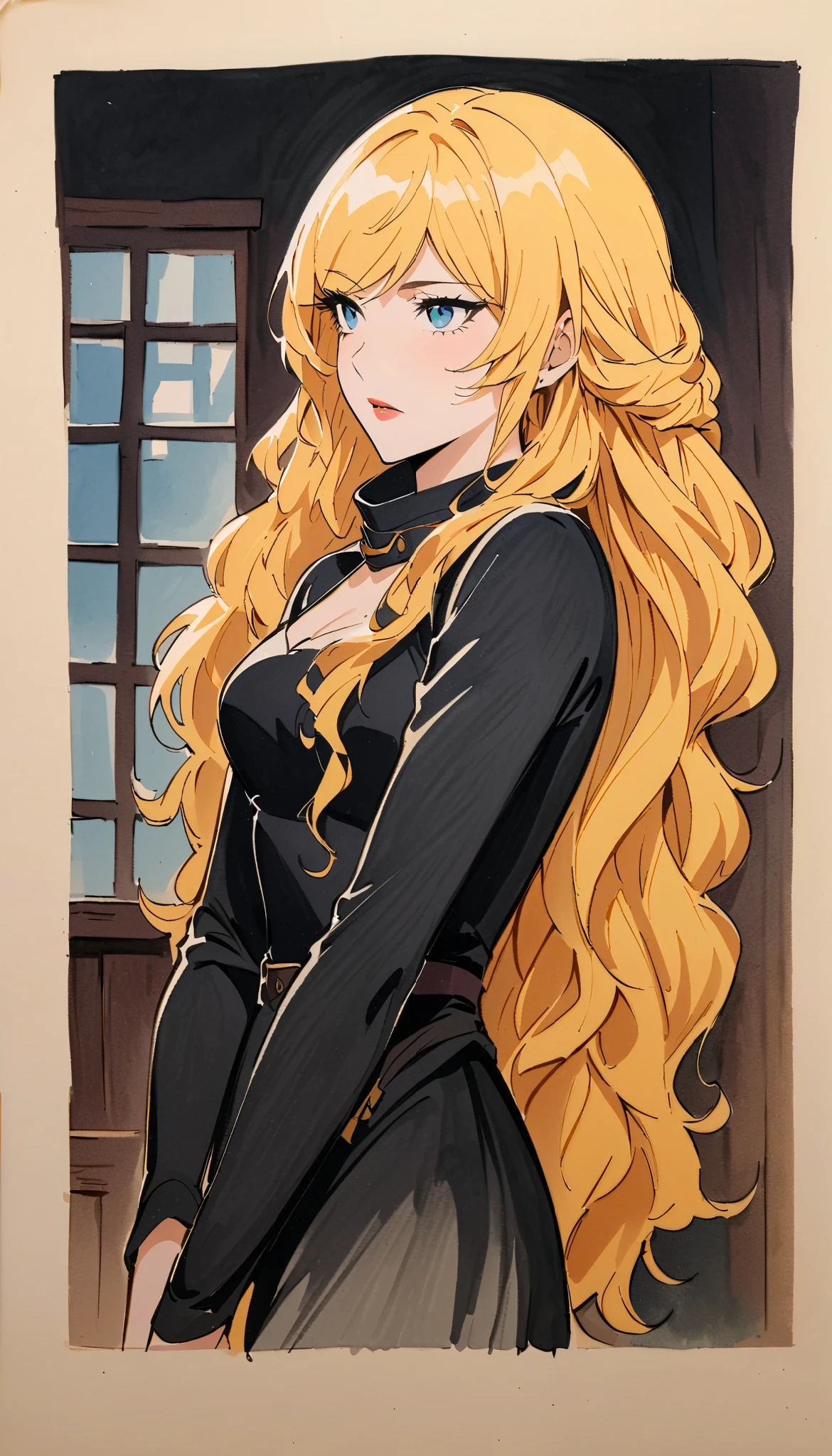 vintage movie, girl, wavy blonde hair, woman body, black top, black bodycon skirt, black boots, dark room, in a house, traditional media, Contemplative. yang xiao long from rwby