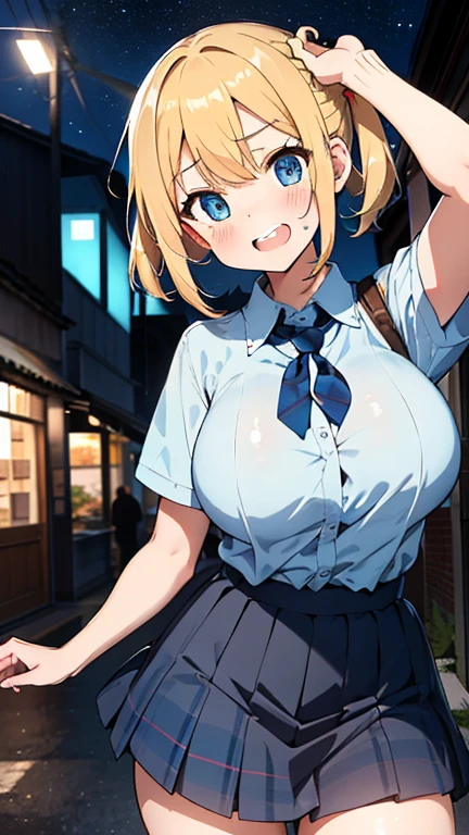 2D Anime Style、Blue eyes、breasts are slightly larger、A cool adult woman with short blonde hair and a cool expression is walking down the street in formal fashion style......,
