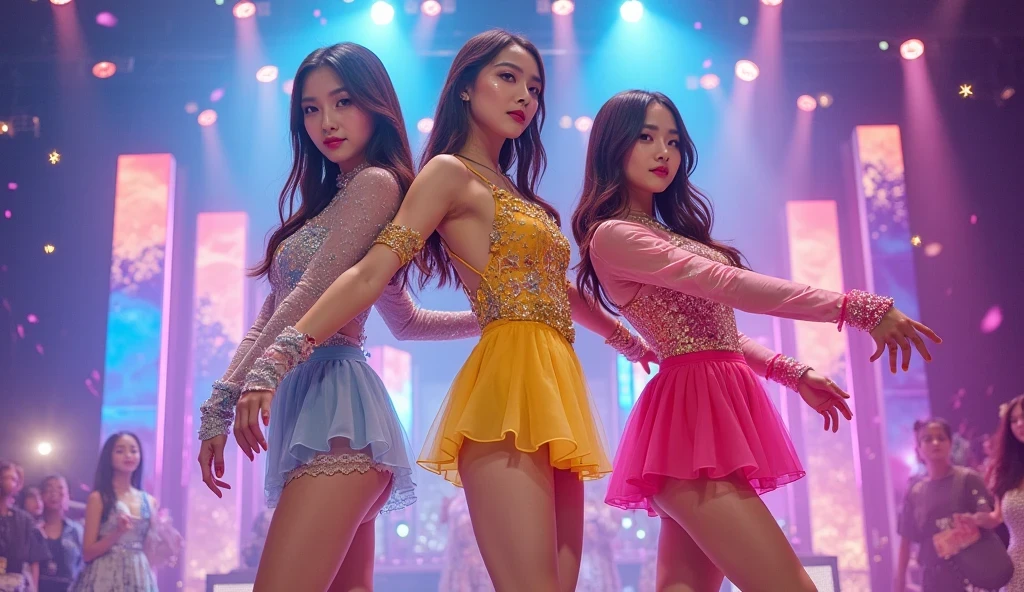 A vibrant and dynamic stage performance by a K-POP female idol group with three members. The idols are dressed in stylish, colorful outfits featuring intricate embroidery, shimmering accents, and unique designs that complement each member's individuality. Their glamorous hairstyles and flawless makeup enhance their stage presence. The trio performs perfectly synchronized, high-energy dance moves on a high-tech stage illuminated by dazzling multi-colored spotlights and LED panels displaying mesmerizing animated visuals. Smoke effects, glittering confetti, and a sea of glowing audience light sticks create an electrifying atmosphere. The idols' confident expressions and powerful stage presence captivate the audience, showcasing their unity and charm. Ultra-realistic and highly detailed, focusing on their movements, outfits, and the vibrant concert setting.