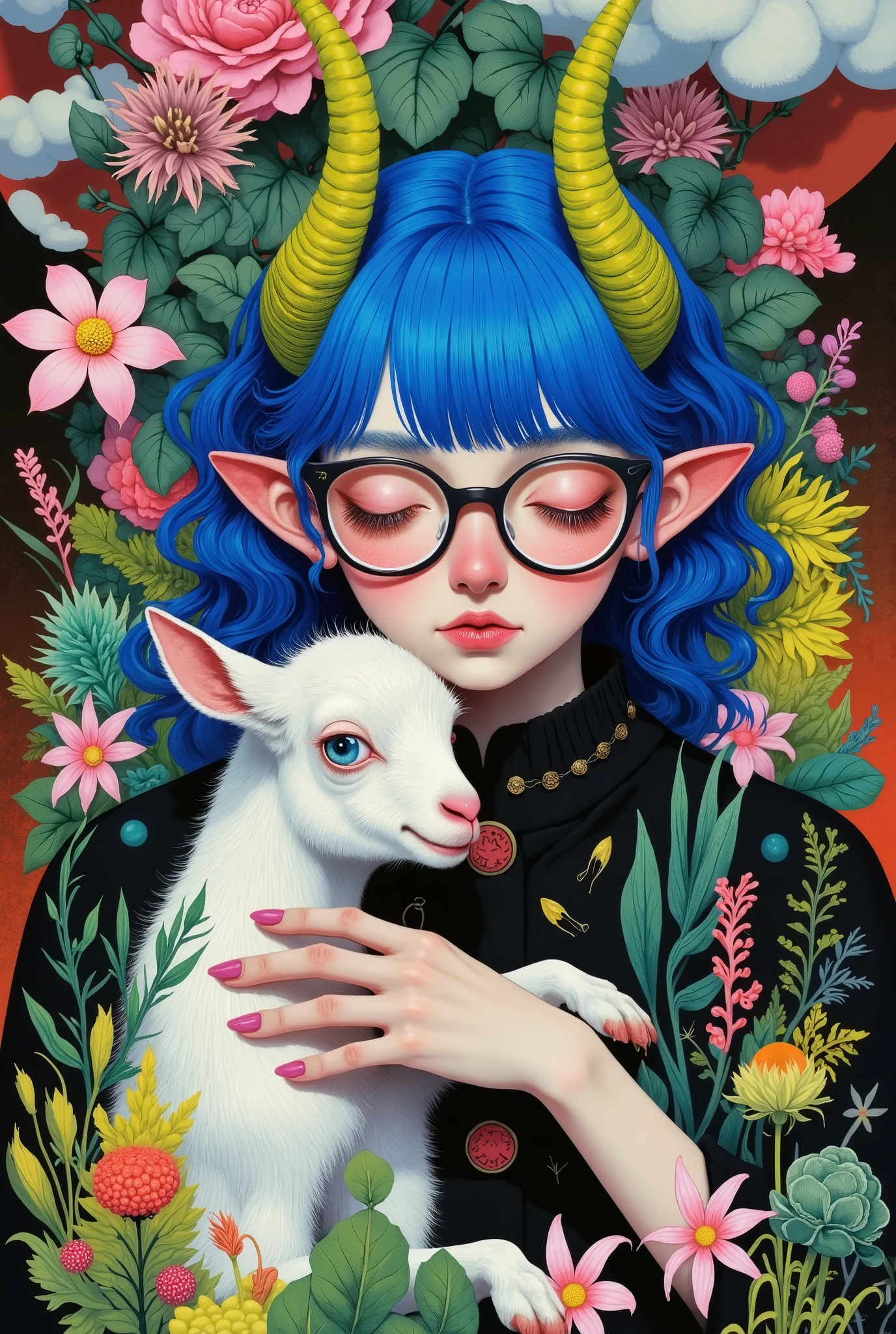 a painting of a woman with blue hair and glasses holding a goat, an ultrafine detailed painting by Wylie Beckert, Artstation, pop surrealism, jen bartel, beeple and jeremiah ketner, painting by android jones, jane newland, loish |, colorful illustration, girl design lush horns, james jean andrei riabovitchev