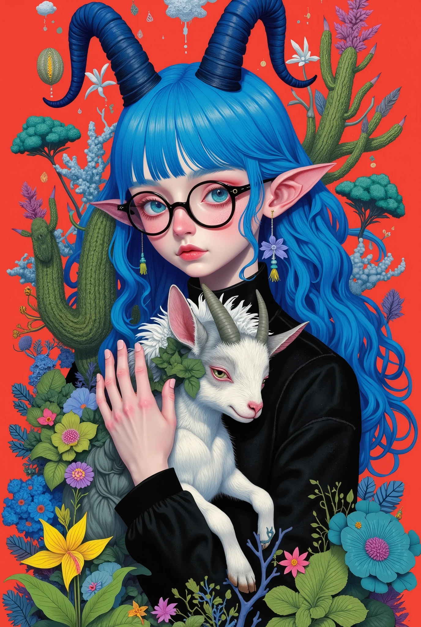 a painting of a woman with blue hair and glasses holding a goat, an ultrafine detailed painting by Wylie Beckert, Artstation, pop surrealism, jen bartel, beeple and jeremiah ketner, painting by android jones, jane newland, loish |, colorful illustration, girl design lush horns, james jean andrei riabovitchev