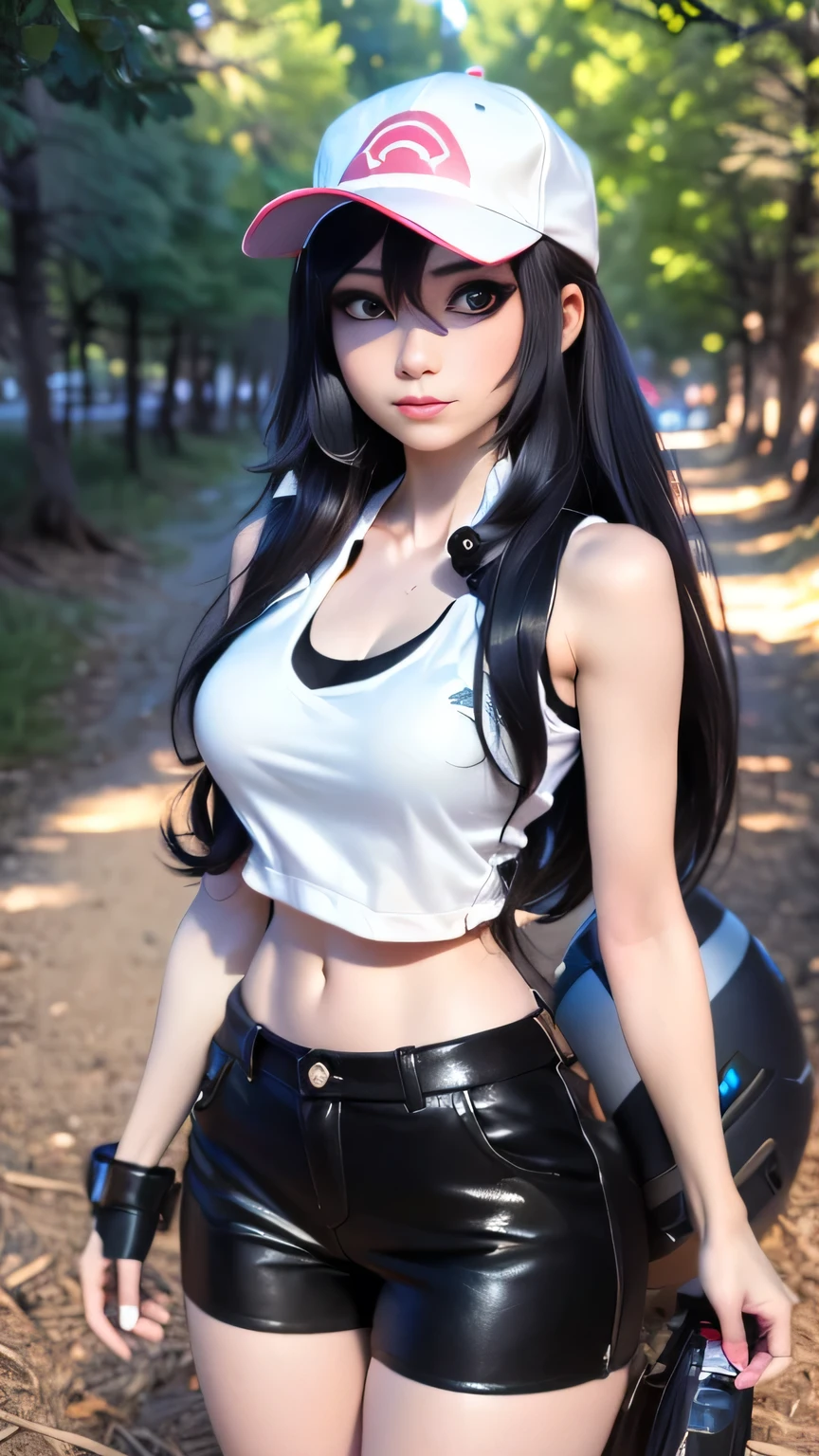 1girl in, photo of Emiru, RAW, beautiful woman, ((full body portrait, detailed face:1.2)), (long black hair, straight black hair), ((detailed facial feature, detailed skin, clear skin), (perfect proportioned body, runners body, thin hips, thin waist, skinny, petite, detailed skin texture), (she is wearing a Pokemon trainer cosplay, White ball cap, black vest, white tube top, Daisy Duke shorts), wide open field, holding a pokeball, kneeling on the grass, splits kneeling, legs apart, trees in the distance, (realistic photo, best quality, detailed), (8k wallpaper), (cinematic lighting, dramatic lighting), (sharp focus, intricate) high quality, film grain, Fujifilm XT3 sharp focus, f 5.6, 50mm, High Detail, Sharp focus,(natural light), crazy details, complex details, hyper detailed. (cowboy photo:1.2), light particles, sfw
