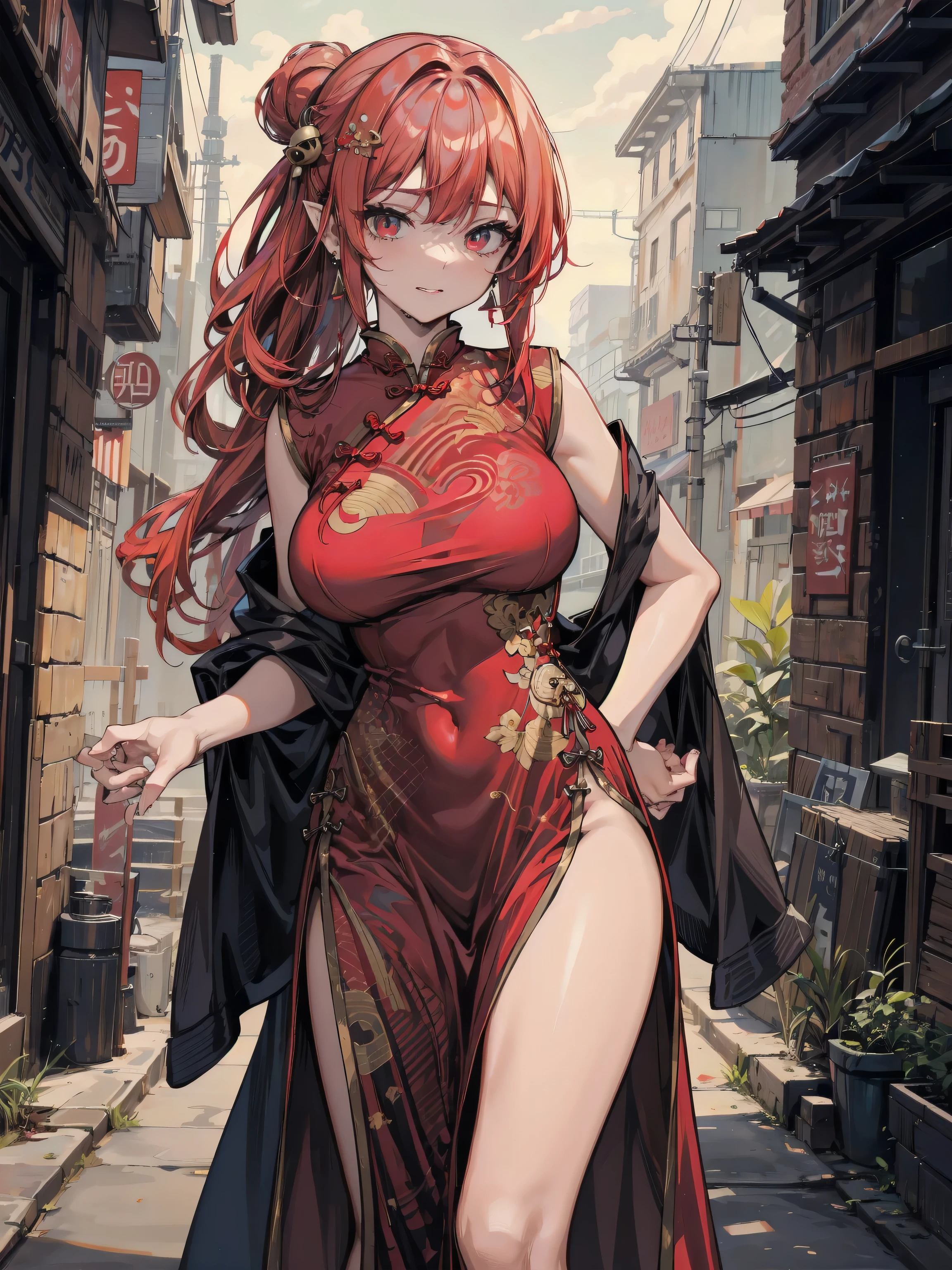 china dress, red eyes, purple red hair, <lora:ChinaDressSideless:0.9>, very long hair, large breasts, blush ,hair flower,
outdoors, road, <lora:ScathachPinkBikini:0.75>,standing,hand on hip,