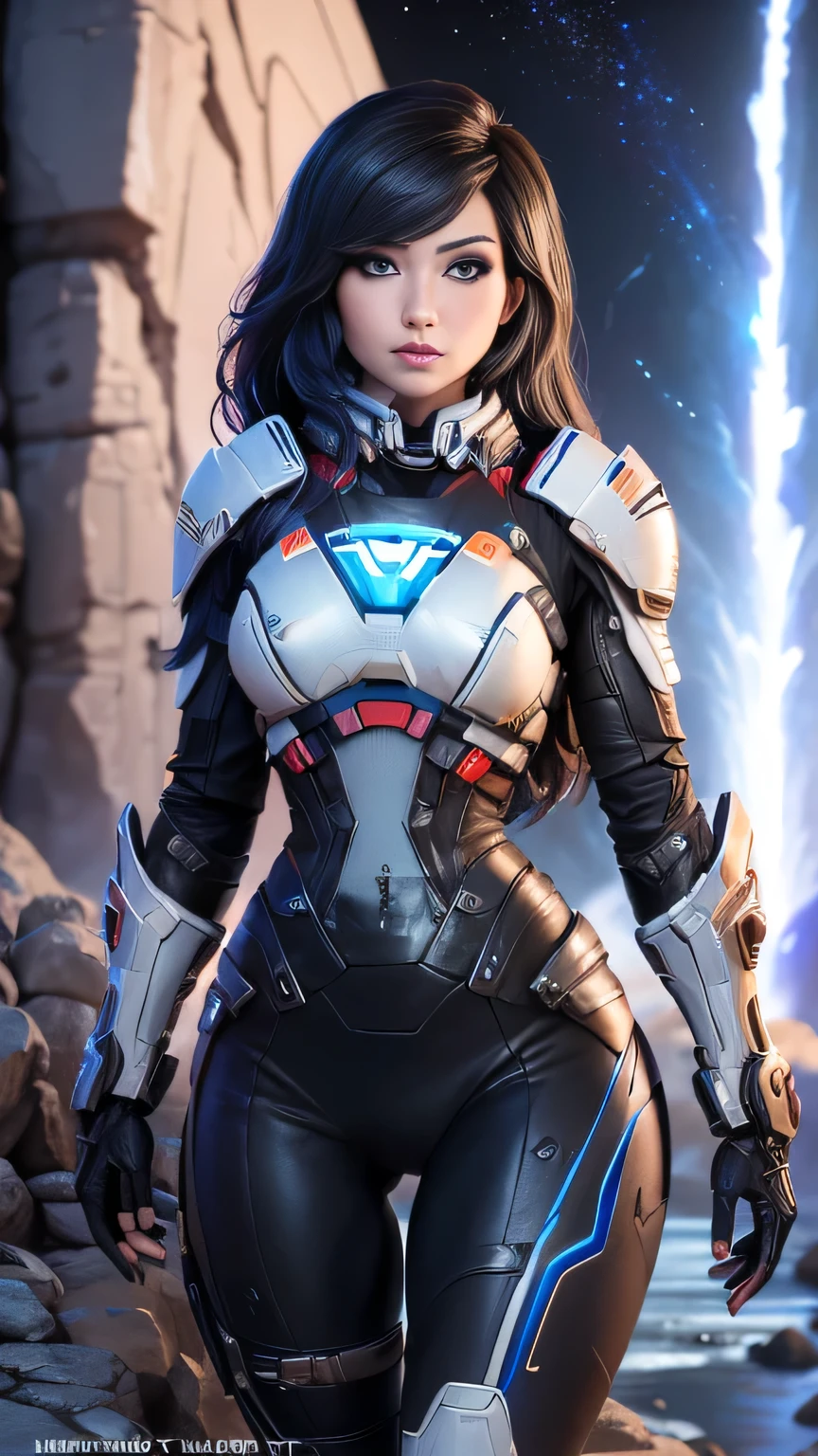1girl in, photo of Emiru, RAW, beautiful woman, ((full body portrait, detailed face:1.2)), (long black hair, straight black hair), ((detailed facial feature, detailed skin, clear skin), (perfect proportioned body, runners body, thin hips, thin waist, skinny, petite, detailed skin texture), (she wears Andromeda initiative armor, full armor from Mass effect, Mass effect armor, Cora Harper cosplay: 1.22), (detailed starfield background:1.1), valley, overlooking waterfall, (realistic photo, best quality, detailed), (8k wallpaper), (cinematic lighting, dramatic lighting), (sharp focus, intricate) high quality, film grain, Fujifilm XT3 sharp focus, f 5.6, 50mm, High Detail, Sharp focus,(natural light), crazy details, complex details, hyper detailed. (cowboy photo:1.2), light particles, sfw