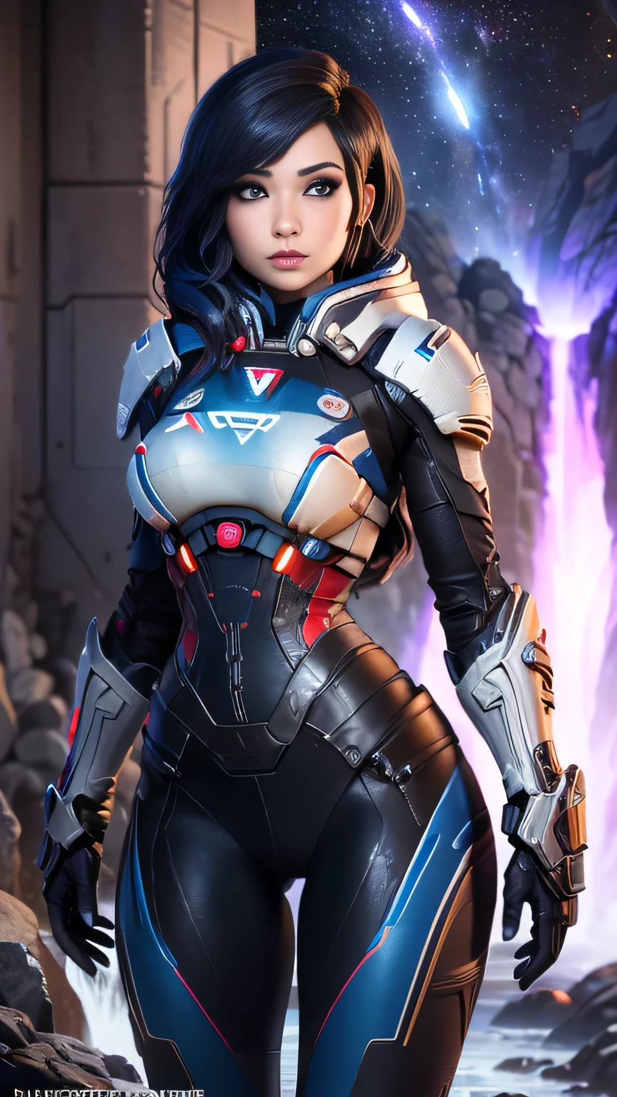 1girl in, photo of Emiru, RAW, beautiful woman, ((full body portrait, detailed face:1.2)), (long black hair, straight black hair), ((detailed facial feature, detailed skin, clear skin), (perfect proportioned body, runners body, thin hips, thin waist, skinny, petite, detailed skin texture), (she wears Andromeda initiative armor, full armor from Mass effect, Mass effect armor, Cora Harper cosplay: 1.22), (detailed starfield background:1.1), valley, overlooking waterfall, (realistic photo, best quality, detailed), (8k wallpaper), (cinematic lighting, dramatic lighting), (sharp focus, intricate) high quality, film grain, Fujifilm XT3 sharp focus, f 5.6, 50mm, High Detail, Sharp focus,(natural light), crazy details, complex details, hyper detailed. (cowboy photo:1.2), light particles, sfw