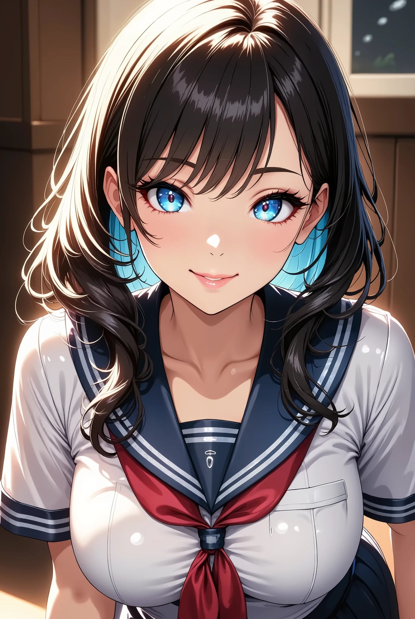 Beautiful School Girls, smile, ( tea hair:1.2, short hair), no makeup:1.4, beautiful skin:1.4, beautiful eyes, glossy lips , long elegant fingers , sailor suit , pleated skirt, Big Breasts:1.2, bust shot:1.2, School Classroom Environment :1.6, Intimate lighting, Dramatic Cinematic Shadows , 8k, HD, very aesthetic, best quality , masterpiece.