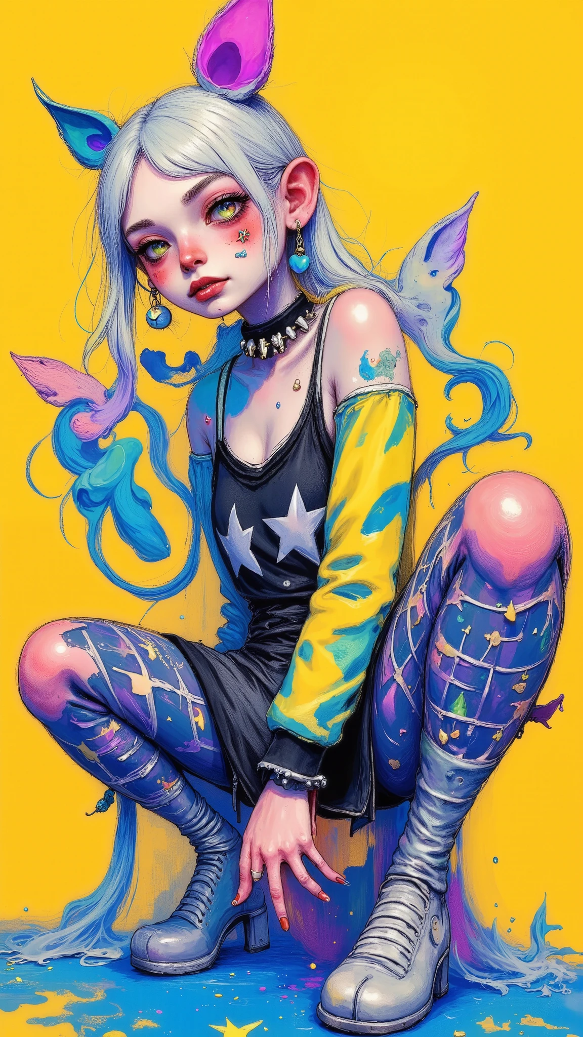 head tilted slightly downwards , black and light gray plaid miniskirt , sitting on the open floor , the miniskirt falls between her legs , black belt with silver buckle , sweatshirt with black sleeves , wears several necklaces , dog collar with spikes , aesthetic goth girl , cyan eyes, long false eyelashes , kisses and full lips , a black girl with tufts of cyan hair and net stockings , brow length bangs , her hair falls over her shoulders , spiked wives , heart tattoo on her cheek long cross-shaped earrings {x} an arm back and an arm forward between the legs covering your private part , blushing cheeks , 1 7 - **** - *** anime goth girl , 1 7 - **** - *** goth girl , goth girl , goth girl aesthetic, anime vibes, gothic aesthetics , Style Ross Tran, dressed in punk clothes, pastel gothic aesthetic , Gothic mall , Guweiz-style artwork , Looks like a mix of grimes , plain cyan background , Chiaroscuro, cinematographic lighting , Fujicolor, U High definition, Retina, masterpiece, Precise, Anatomically correct , make-up, super detail , detailed pants , high quality, awarded , envelopes , highres, 1080P, High definition, 16K