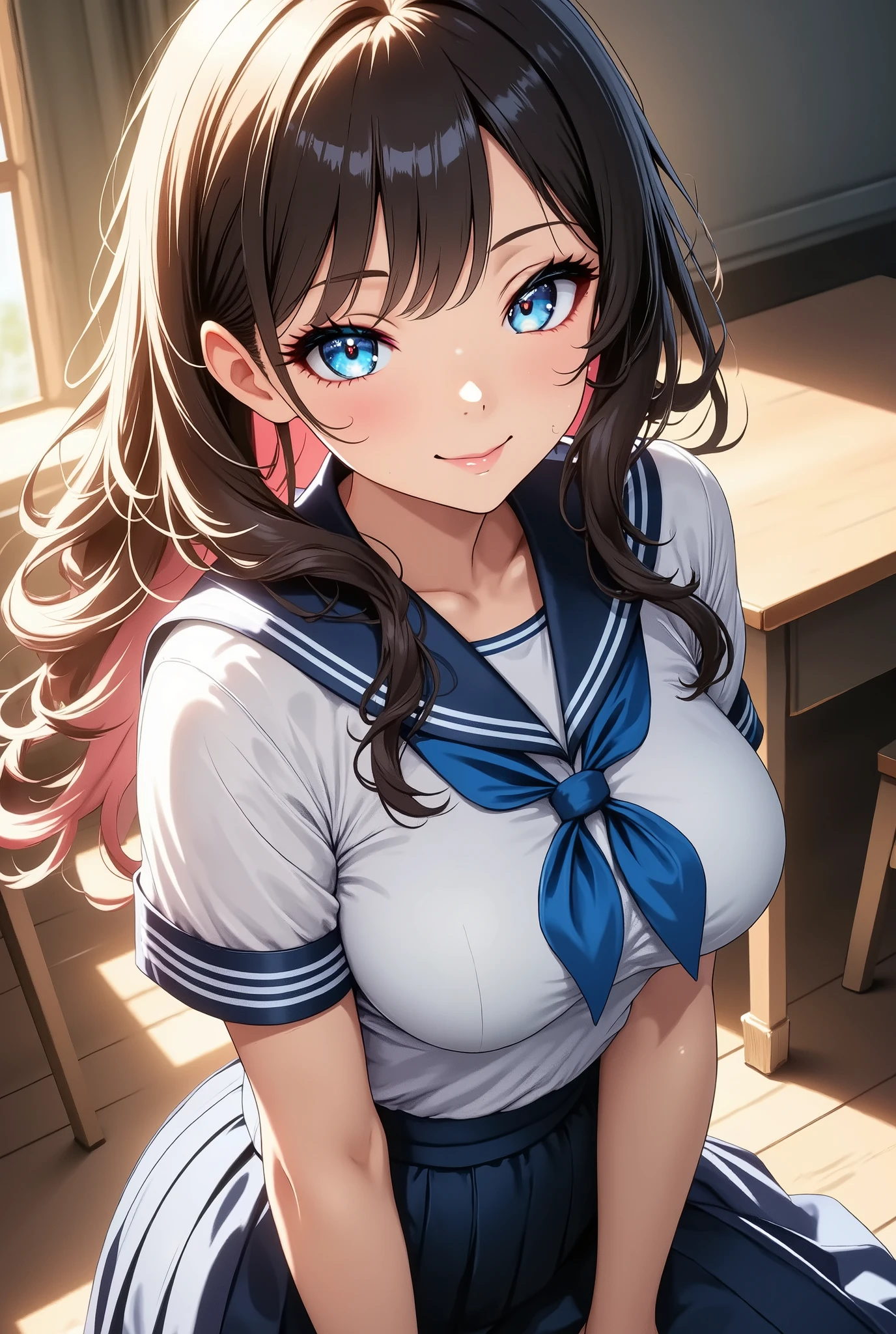 Beautiful School Girls, smile, ( tea hair:1.2, short hair), no makeup:1.4, beautiful skin:1.4, beautiful eyes, glossy lips , long elegant fingers , sailor suit , pleated skirt, Big Breasts:1.2, bust shot:1.2, School Classroom Environment :1.6, Intimate lighting, Dramatic Cinematic Shadows , 8k, HD, very aesthetic, best quality , masterpiece.
