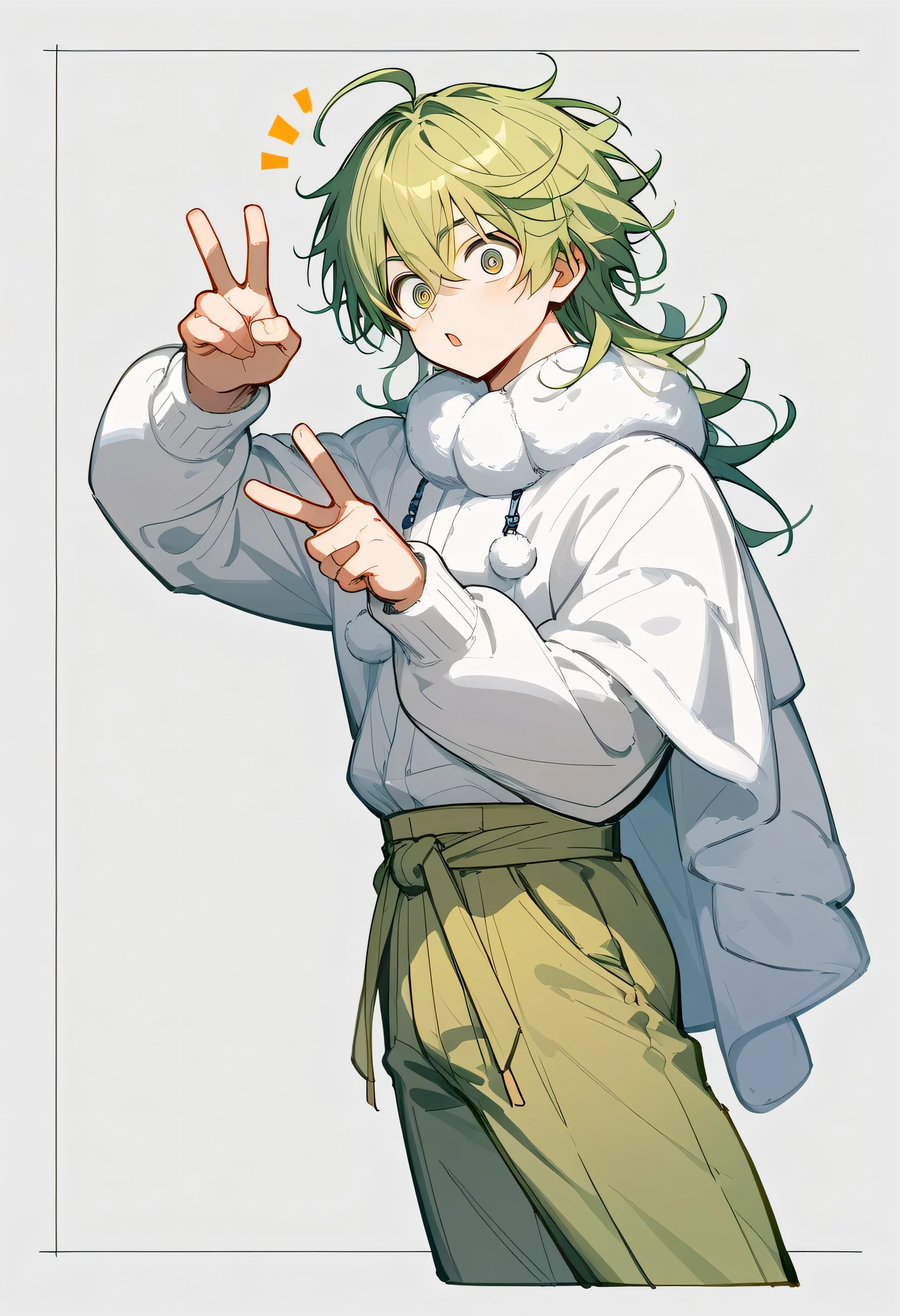 score_9, score_8_up , score_7_up ,source_anime, source_comic,source_illust,sideview,(Alone),fullbody,cool pose,(green longmedium hair:1.3,side long hair),ahoge,deaf hair,1Man,man's eyes,man,s nose,man,s mouth, Handsome Face,Stole, peace sign, Traveller's Clothes ,Traveller's Trousers,Sharp Eyes, surprise,開いた口, in the middle of the trip,winter snow background ,(manga style),(sketch),(illustration),
