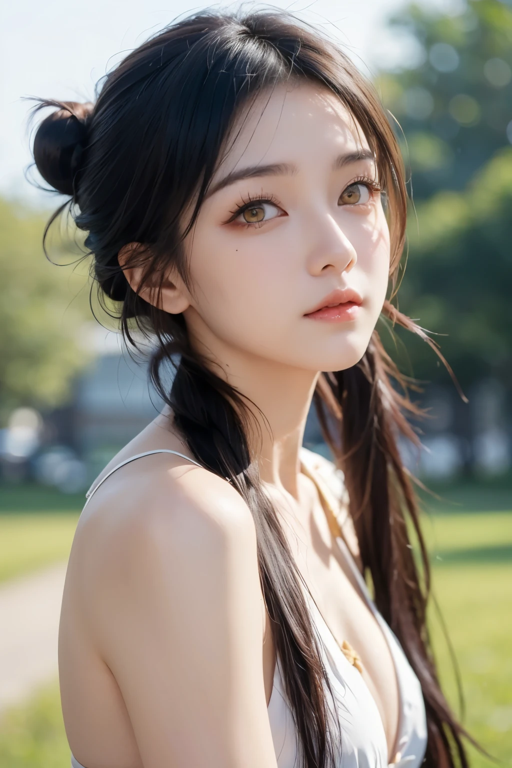 (((Yellow Eyes))) cowboy shot(( BUNS TIED ON TOP BLACK HAIR ))Hair fluttering in the strong wind( dynamic pose)
