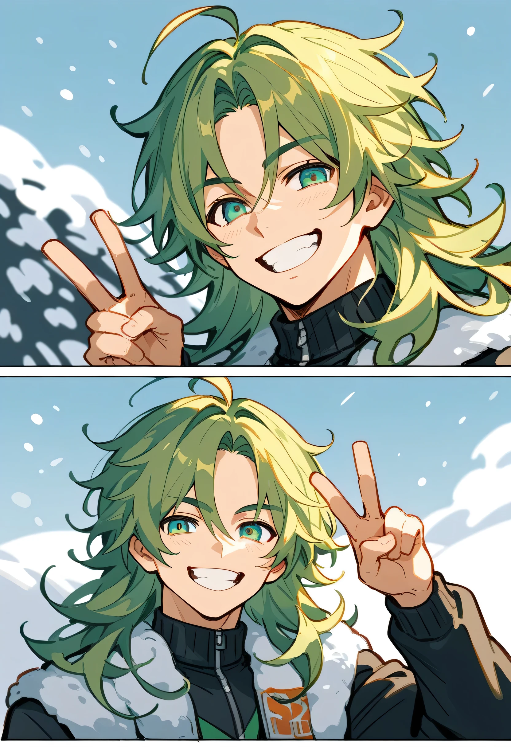 score_9, score_8_up , score_7_up ,source_anime, source_comic,source_illust,sideview, chibi,Alone,up perbody:0.8,(green longmedium hair:1.3,side long hair),ahoge,deaf hair,1Man,man's eyes,man,s nose,man,s mouth, Handsome Face,Stole, peace sign, Traveller's Clothes ,Traveller's Trousers,Sharp Eyes,grin, in the middle of the trip,winter snow background ,(manga style),(sketch),(illustration),