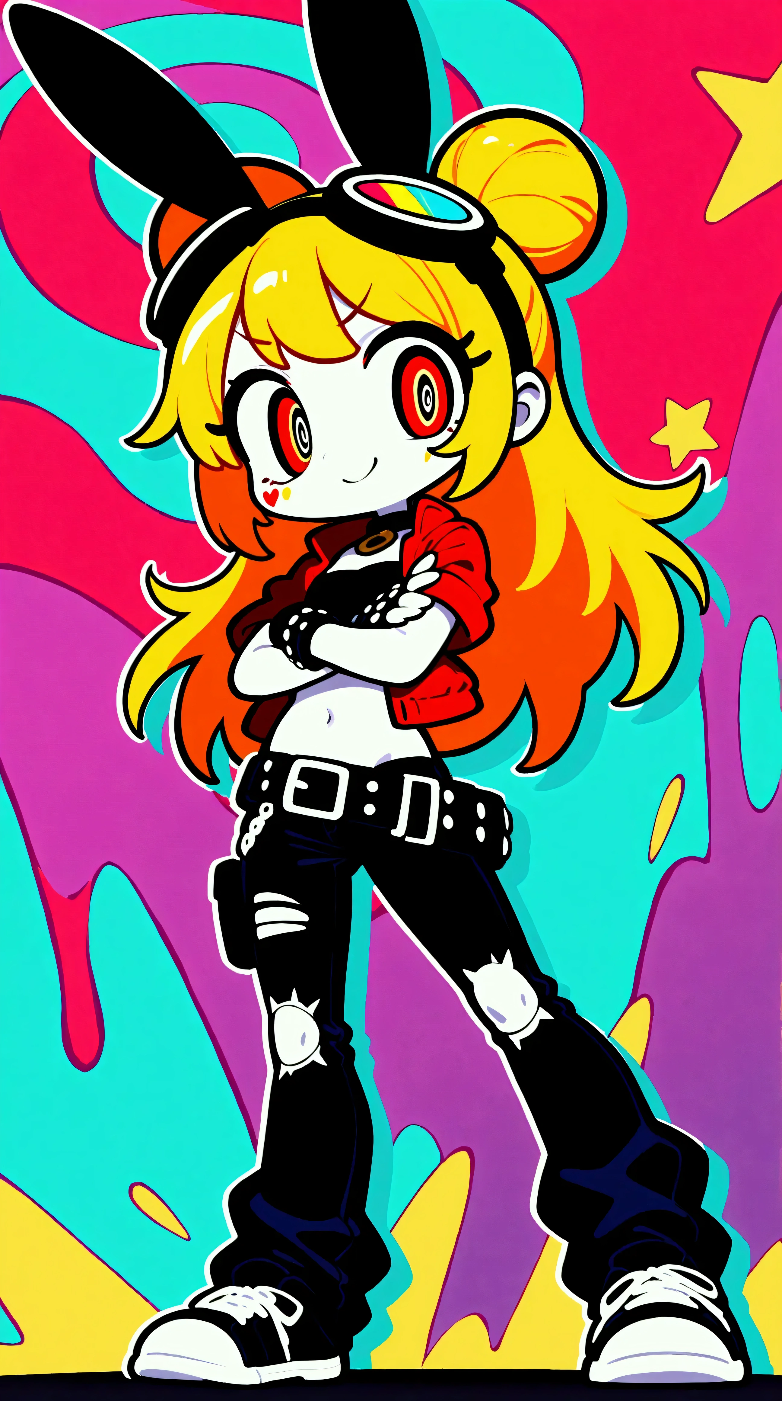 (Alone:1.2), 1girl\(cute, cute,(Wicked Smile:1.4), crossed arms:1.4, crossed arms:1.4), Red Short jacket \(Blonde:1.2),(long hair:1.1),(Bun Head:1.5), red eyes, (Beautiful eyes drawn in detail:1.4),Spiral pupil, (Big Eyes),(chest:1.4),(White skin:1.3), (Punk Fashion:1.6), (Tight tube top),(Ripped jeans with a big belt),(The stomach is visible:0.8),(Abdominal muscles:0.8),(Studded gloves:1.4), (goggles:1.4), (Bunny ears:1.6),(Bunny ears:1.6), (bang:1.2)\), break background\(Silhouette of a mean looking black rabbit:1.3\), (Whole body:1.4, Whole body:1.4, Directly in front:1.4, Stand with your feet apart:1.3), Pop Art, Vibrant colors, (Graffiti art:0.5), 8k wallpaper