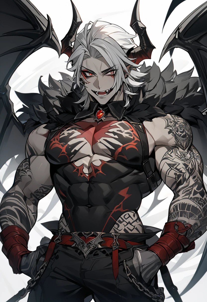 pale white angry male demon monster with big horns, wings and a great axe, and has rock skin