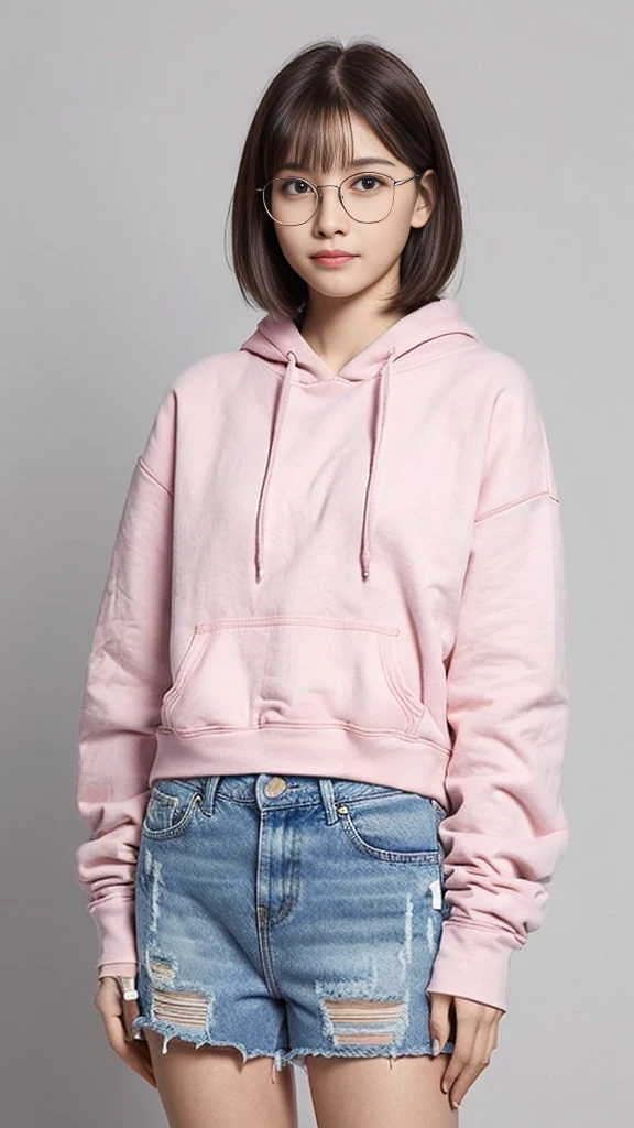 Raw photo, candid, textured skin, pastel colors, (dynamic pose, one hip up), 1girl, slender body, pale skin:1, Korean, messy bun, heterochromia, freckles, smiling, oversized hoodie, varsity shorts, thick thighs:1, (wide thigh gap:1.2), rooftop, photorealistic, best quality, 8k, masterpiece